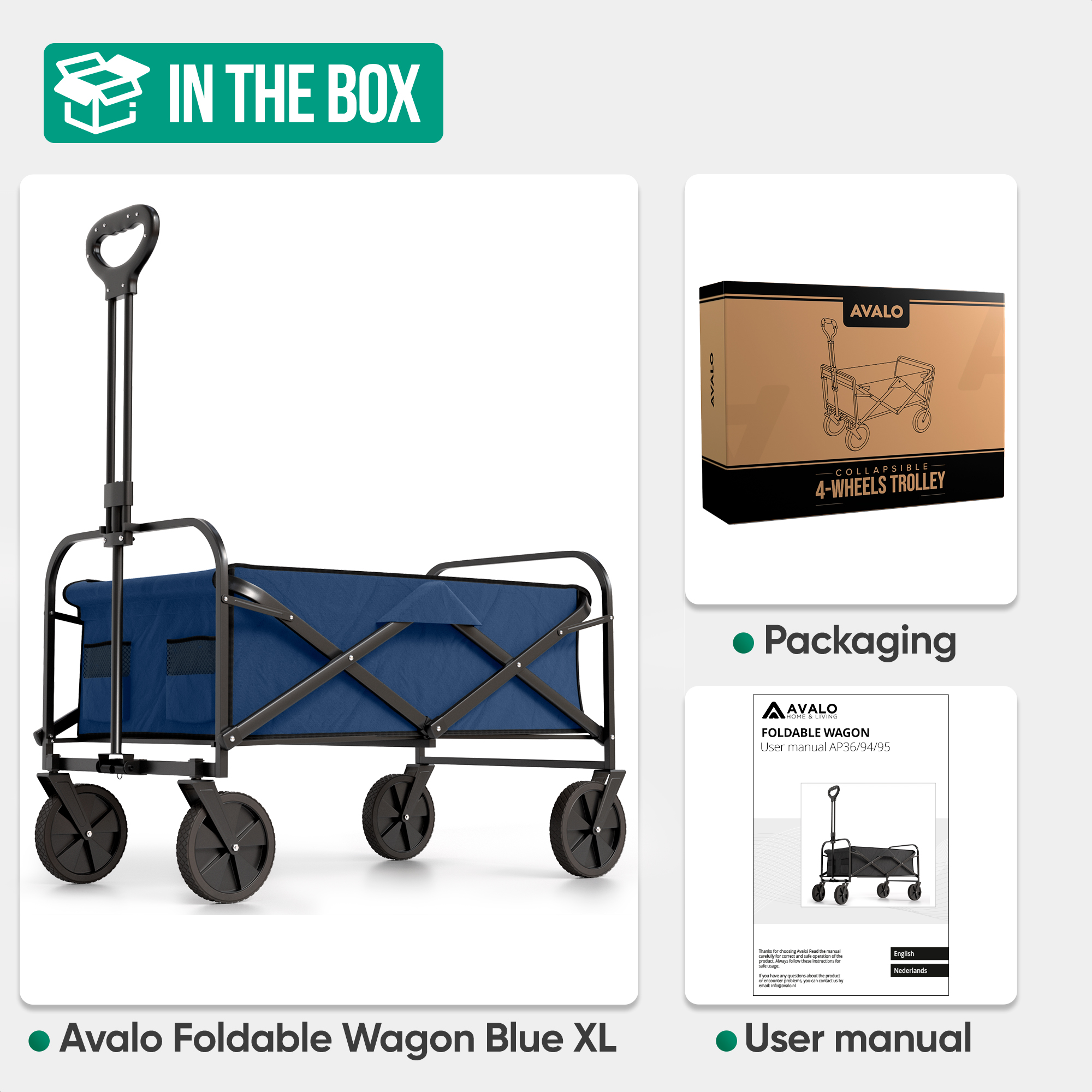 Der Avalo Foldable Wagon Blue XL mit Verpackung und Bedienungsanleitung.