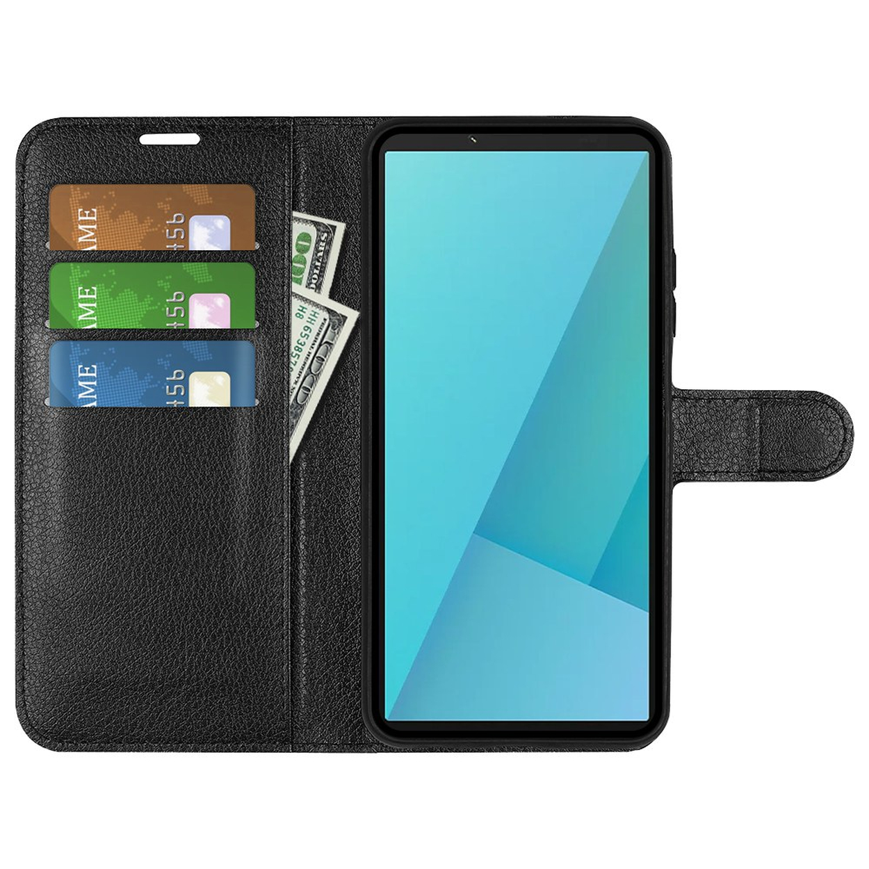 Schwarze Leder-Handyhülle mit drei Kartenfächern, Bargeld und einem Smartphone mit blauem Bildschirm.