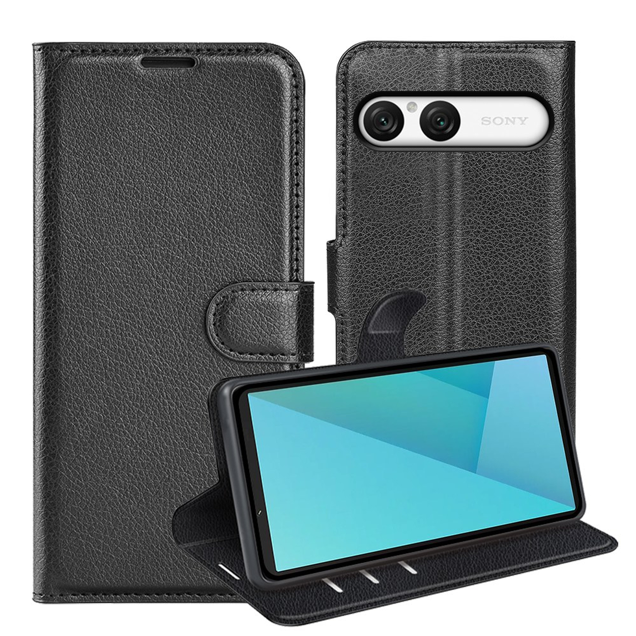 Schwarze Leder-Smartphone-Hülle, Vorderseite, Rückseite mit Dual-Kamera und offene Ansicht mit Bildschirm.