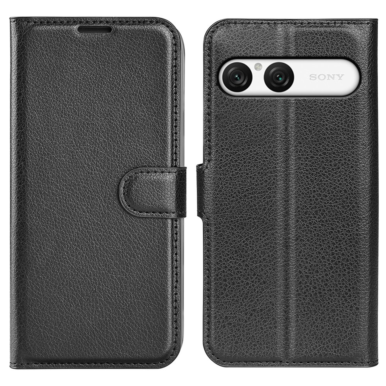 Schwarze Leder-Klapphülle für ein Sony-Smartphone mit Doppel kamera auf der Rückseite.