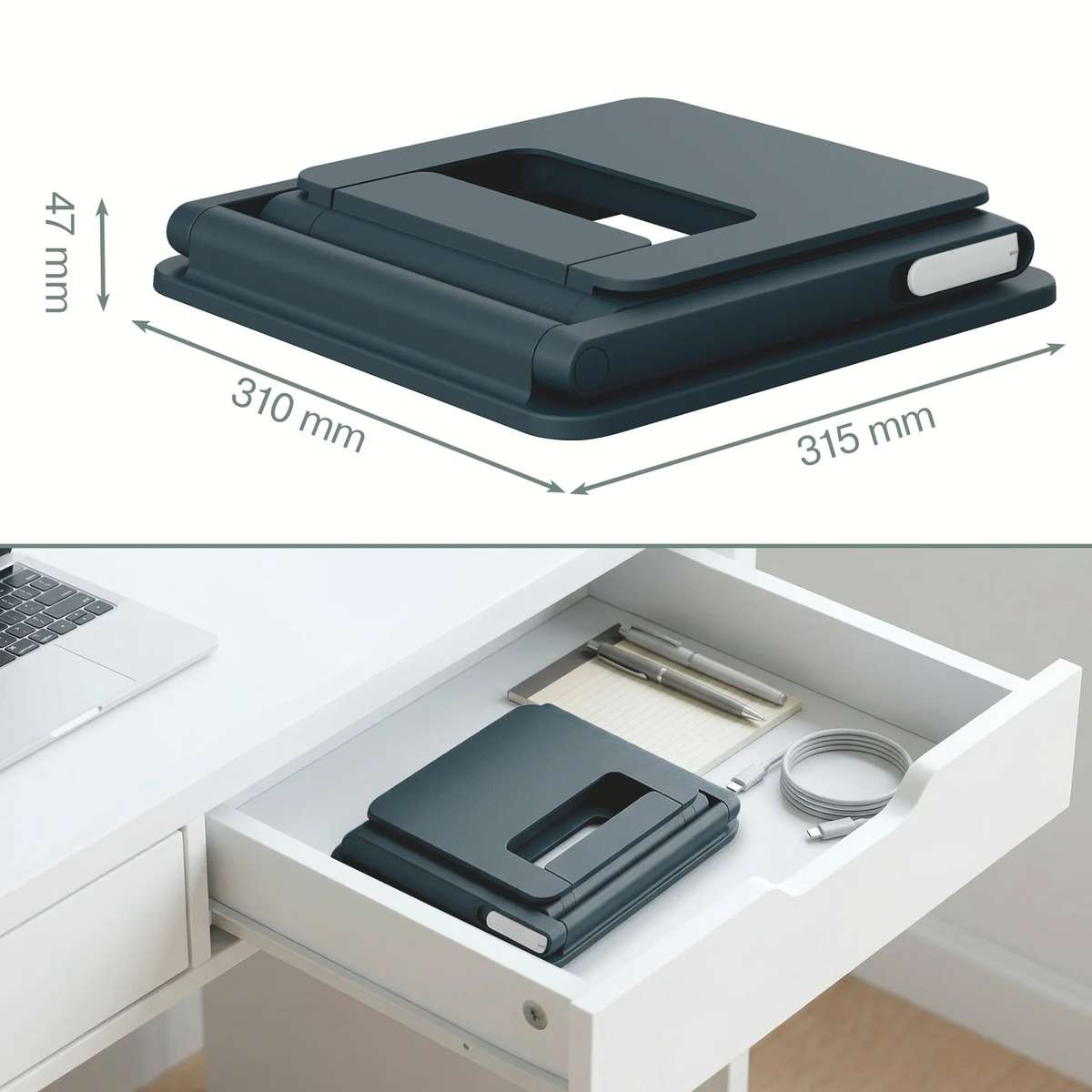Ein grauer Laptopständer, gefaltet, Maße 315x310x47 mm, passt in eine weiße Schreibtischschublade.