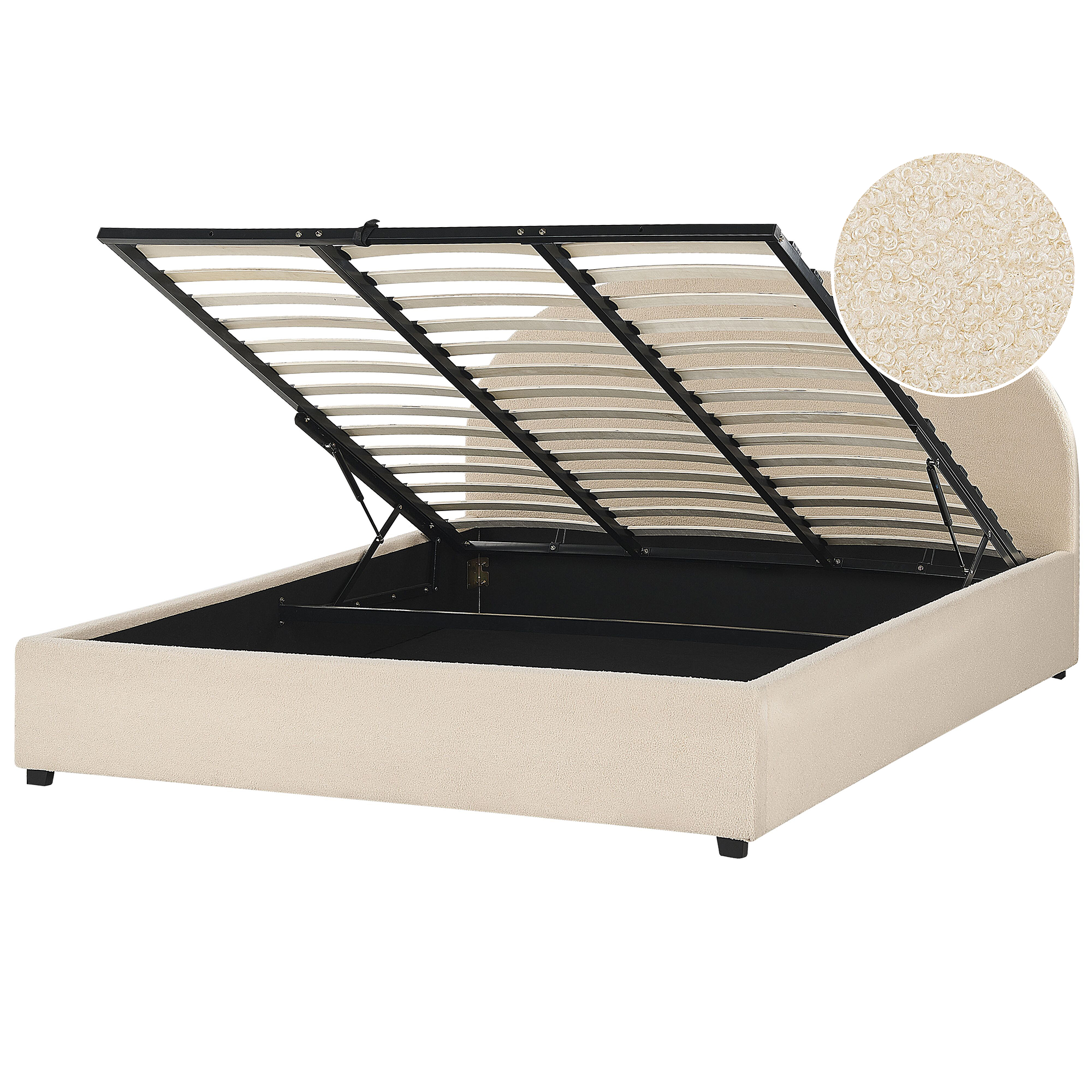 Letto imbottito beige con rete sollevabile e contenitore, il cerchio mostra il dettaglio del tessuto bouclé.