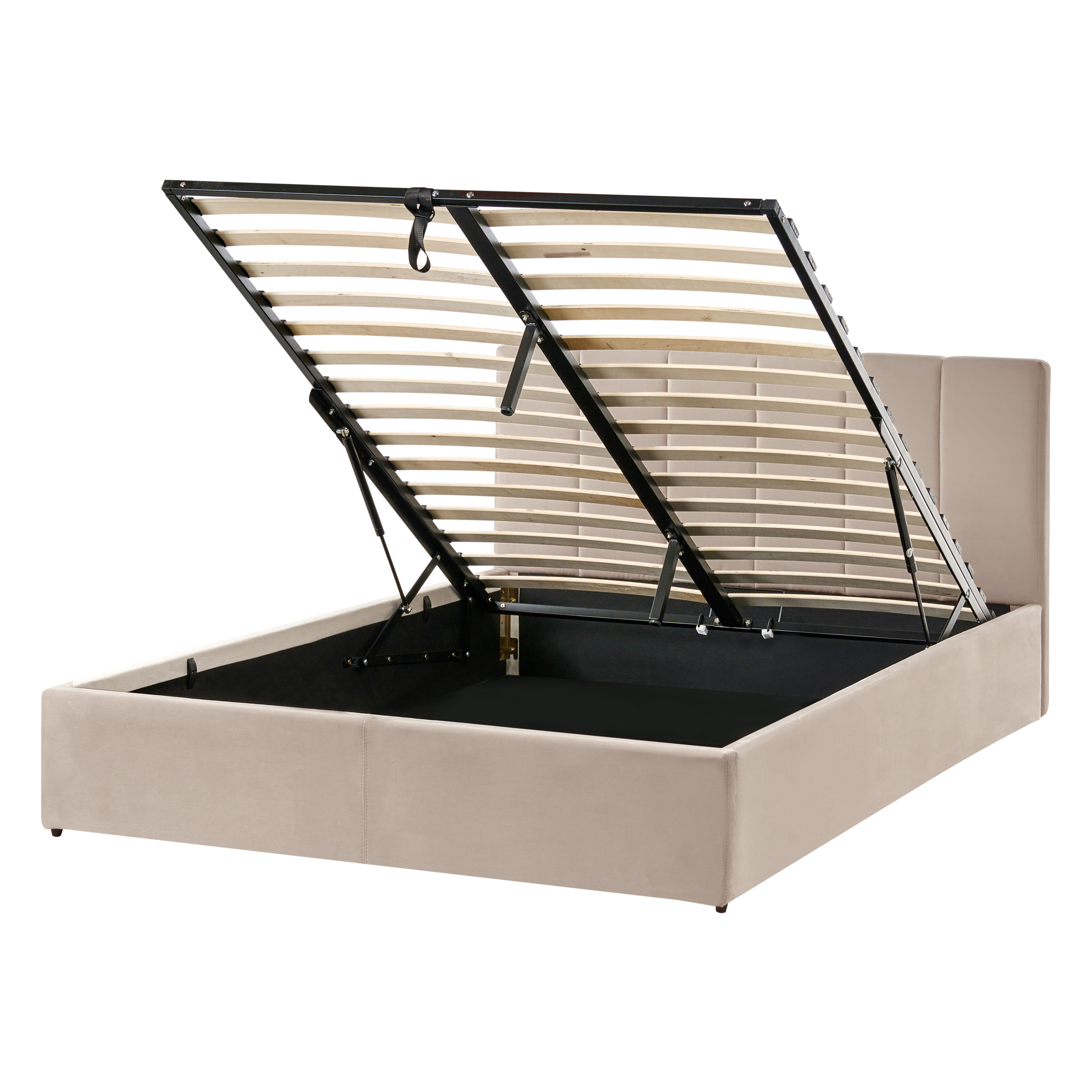 Letto imbottito beige con rete a doghe in legno aperta e spazio di archiviazione integrato.