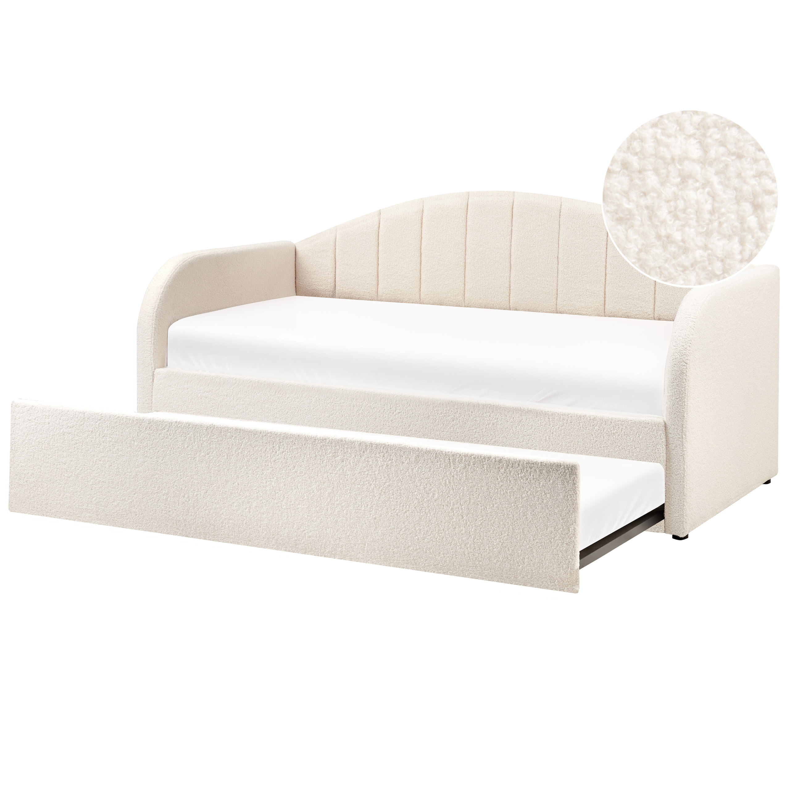 Divano letto imbottito beige con cassettone estraibile e zoom del tessuto in alto a destra.