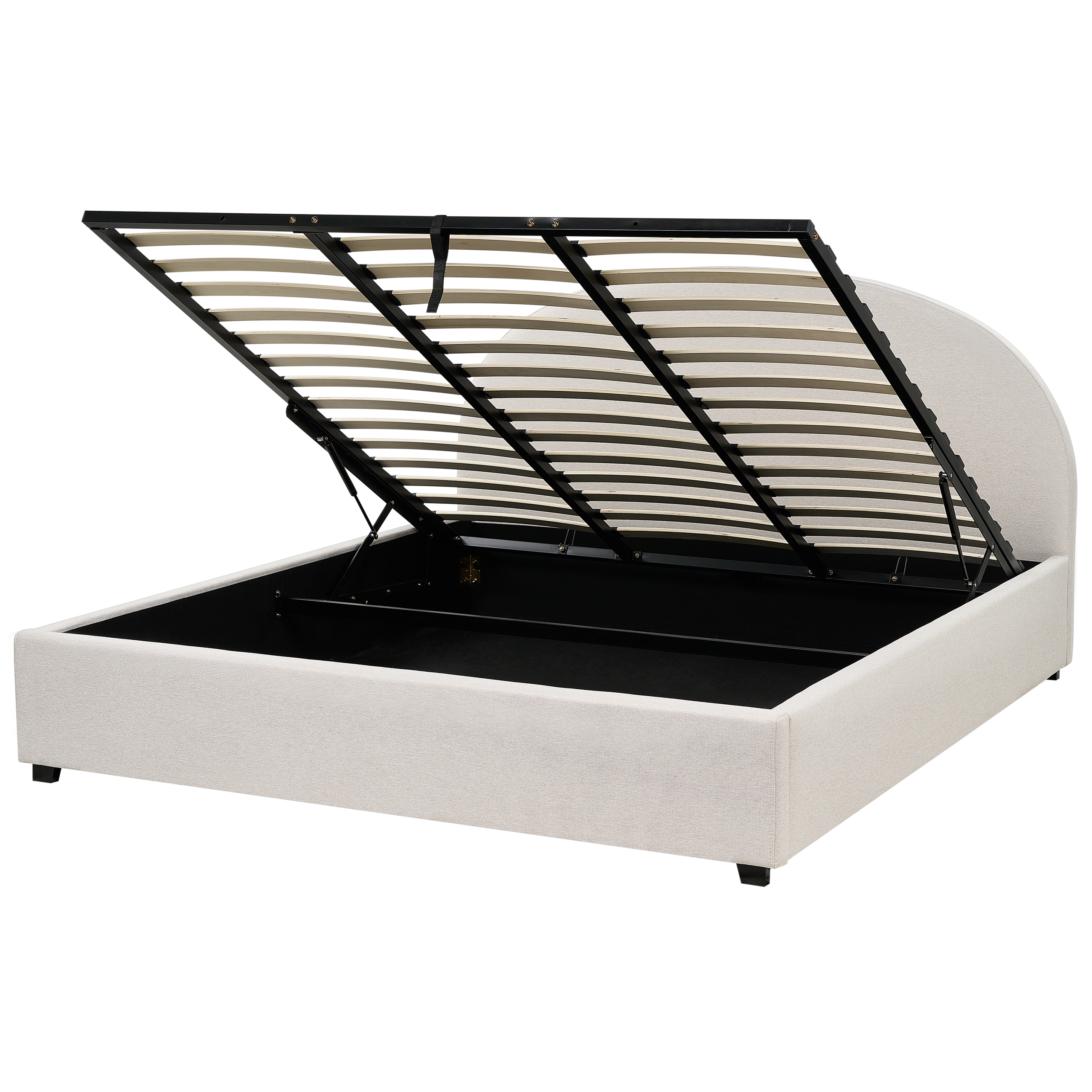Letto imbottito beige con rete sollevata che mostra lo spazio di stivaggio.