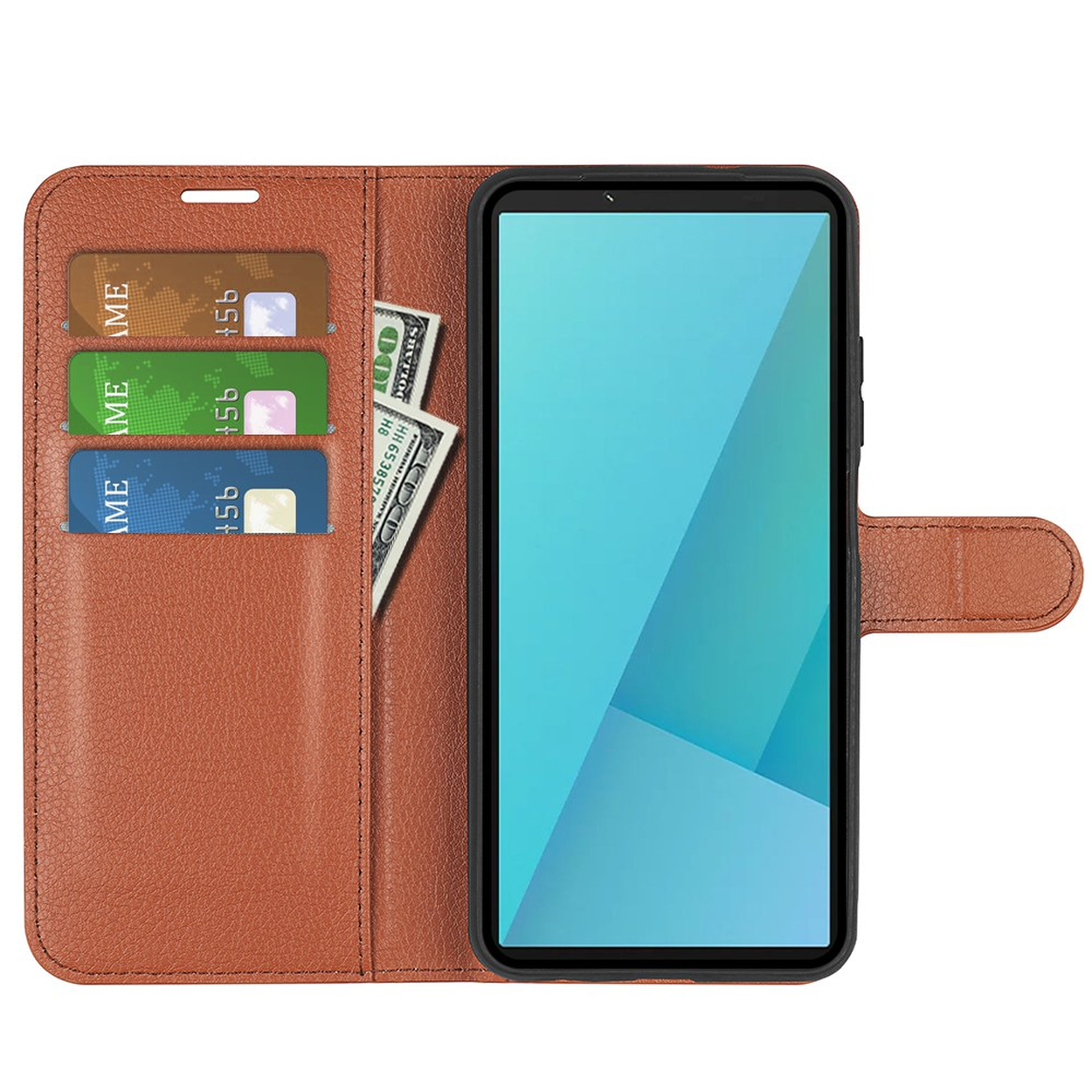 Braune Lederhülle für Smartphones mit Steckplätzen für Karten und Bargeld.