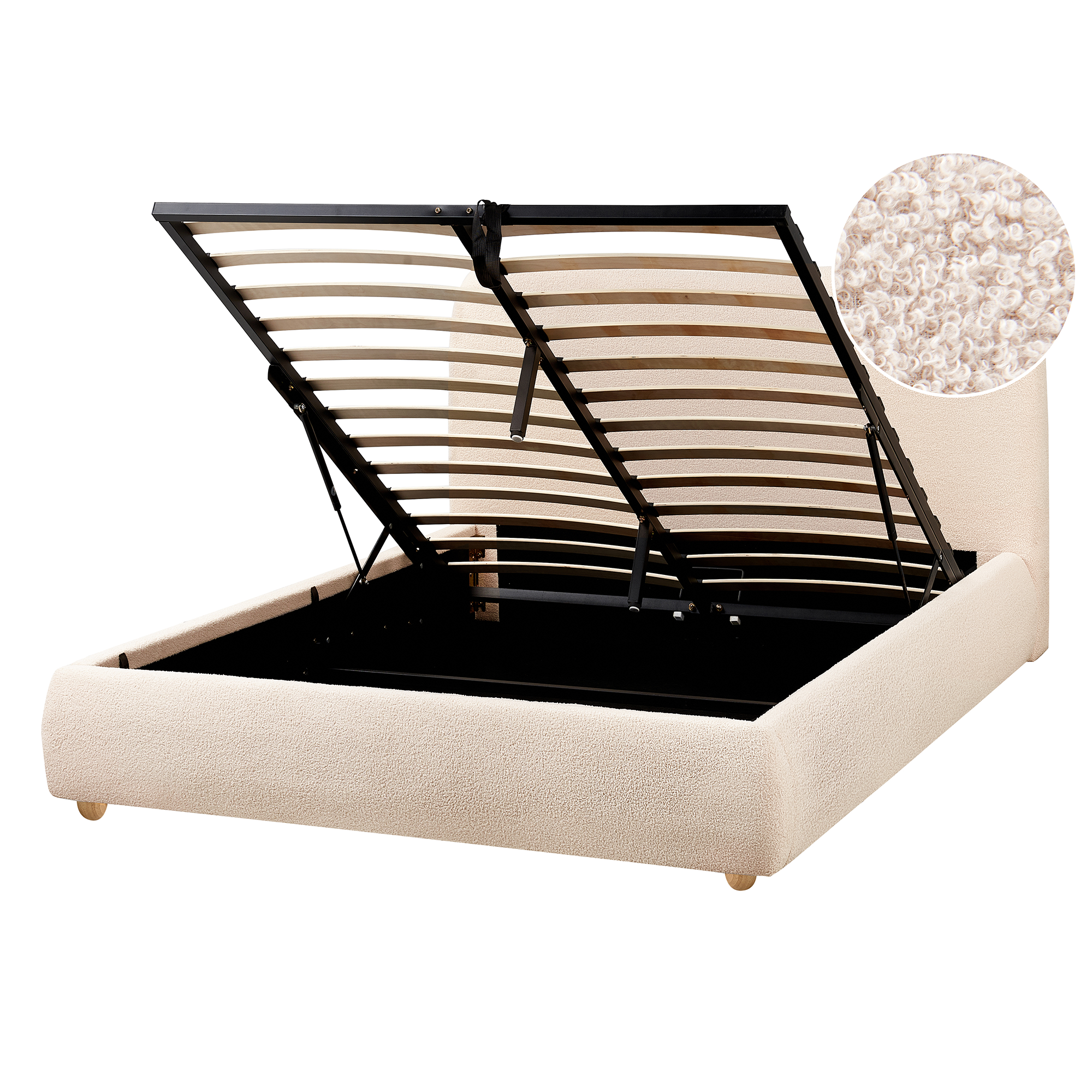 Letto imbottito beige con rete a doghe sollevata, vano portaoggetti e zoom del tessuto.