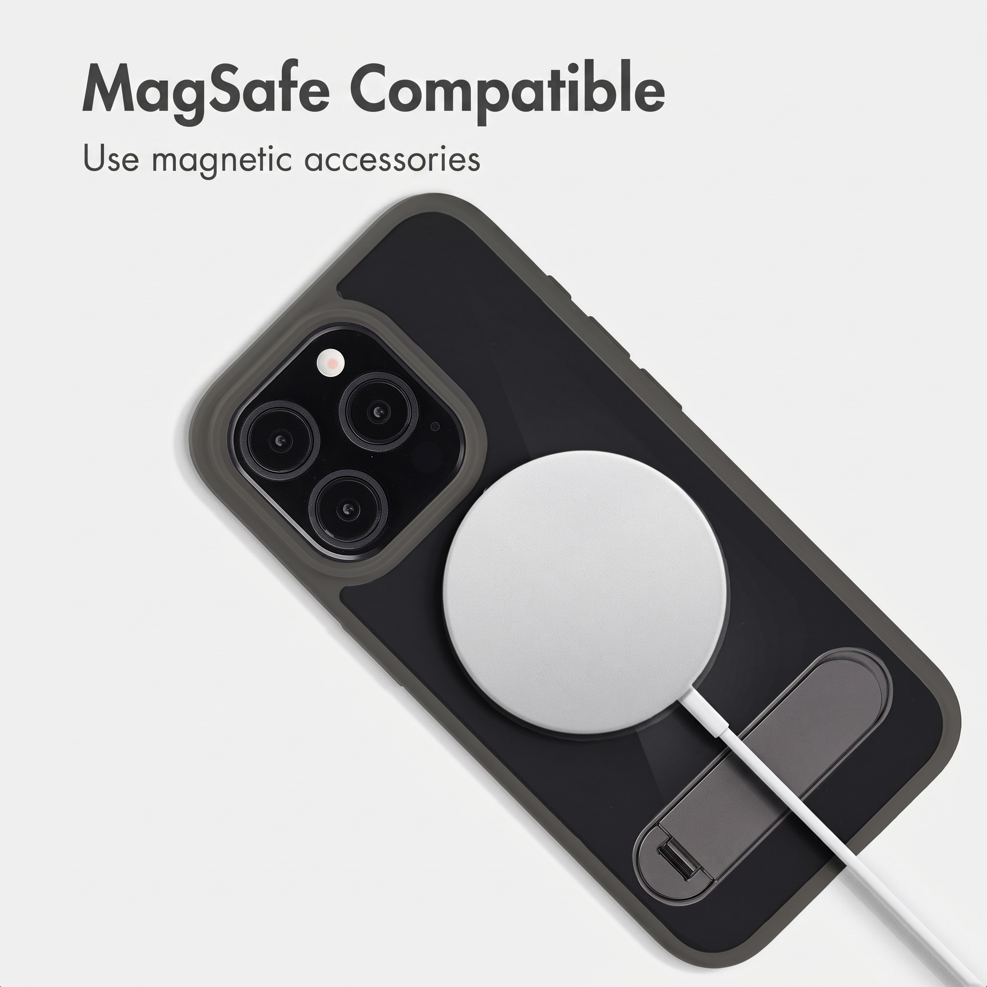 Ein Smartphone mit MagSafe-Ladegerät auf der Rückseite und Text oben.