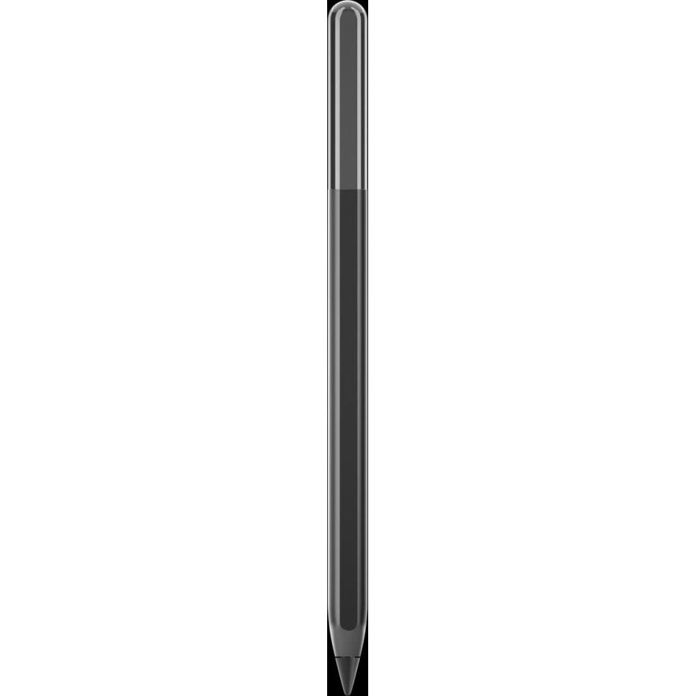 Una stilo digitale nera ed elegante con cappuccio lucido e punta affilata su sfondo bianco.