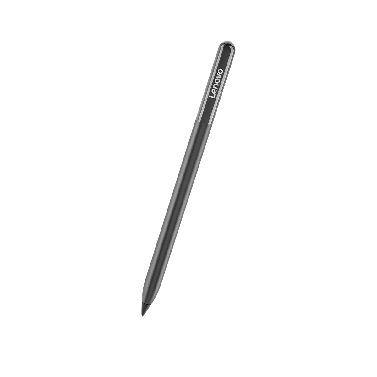 Una penna stilo Lenovo grigia è mostrata su uno sfondo bianco.