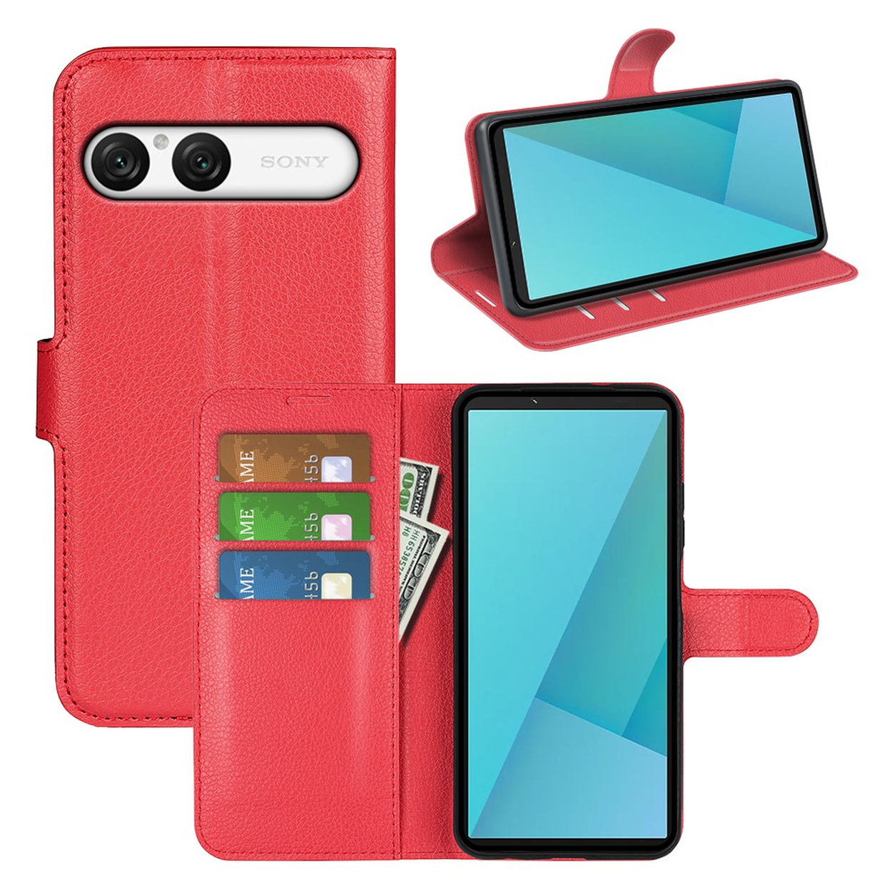 Rote Leder-Handyhülle mit Kartenfächern und Smartphone.