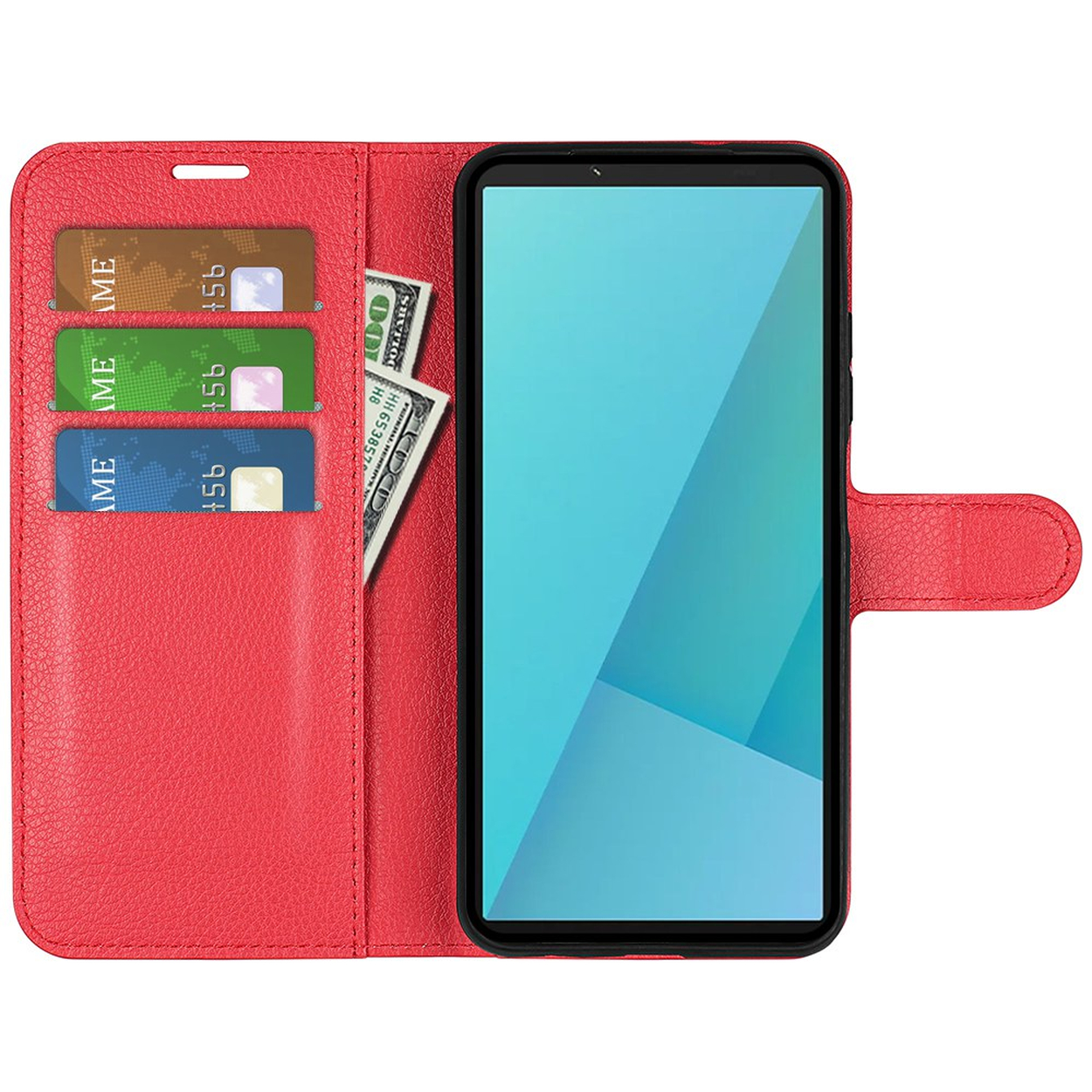 Offene rote Handy-Lederhülle mit drei Karten und Geldscheinfächern, enthält ein Smartphone mit blauem Bildschirm.