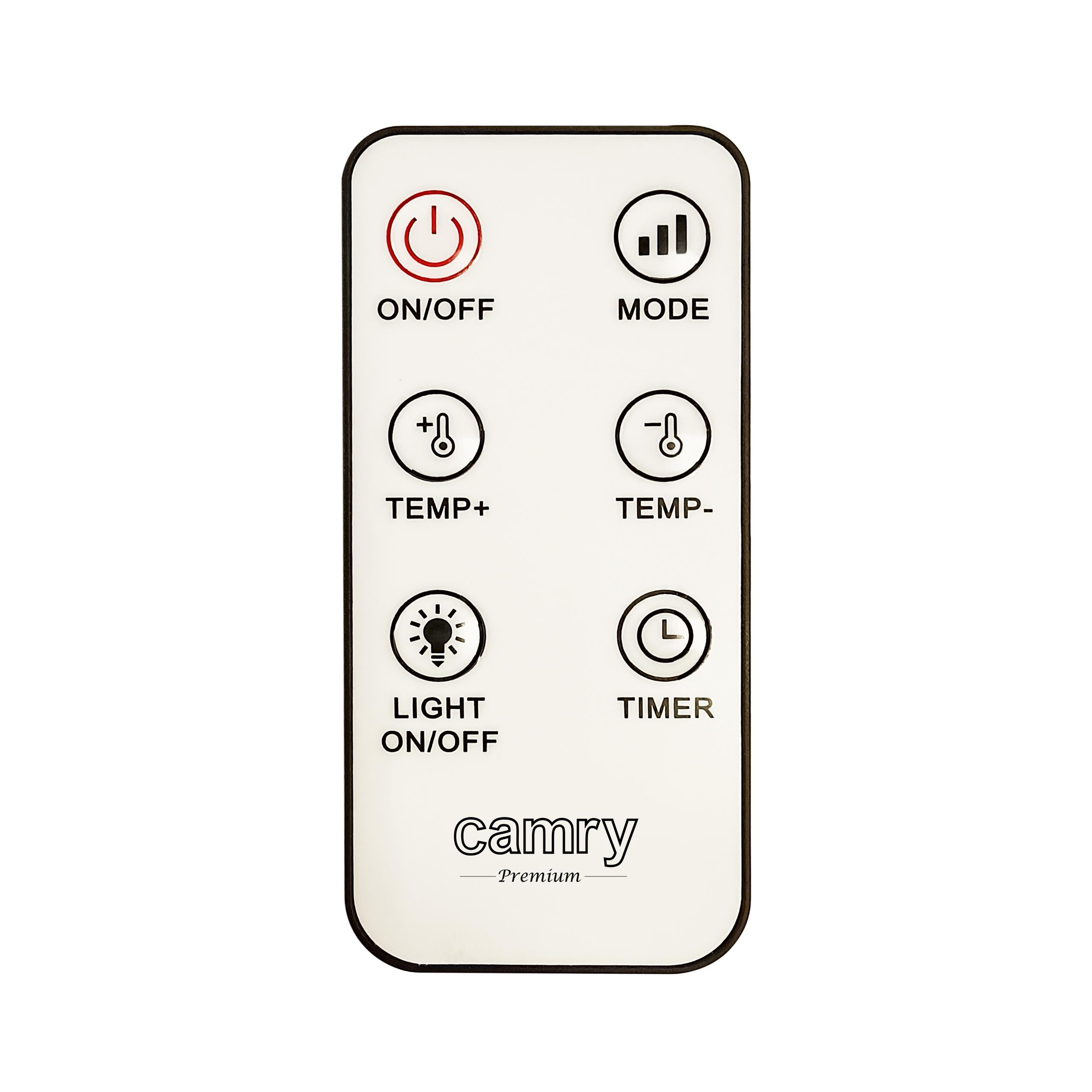 Weißer Camry-Fernbedienung mit sechs schwarzen und roten Tasten für Ein/Aus, Modus, Temperatur, Licht und Timer.