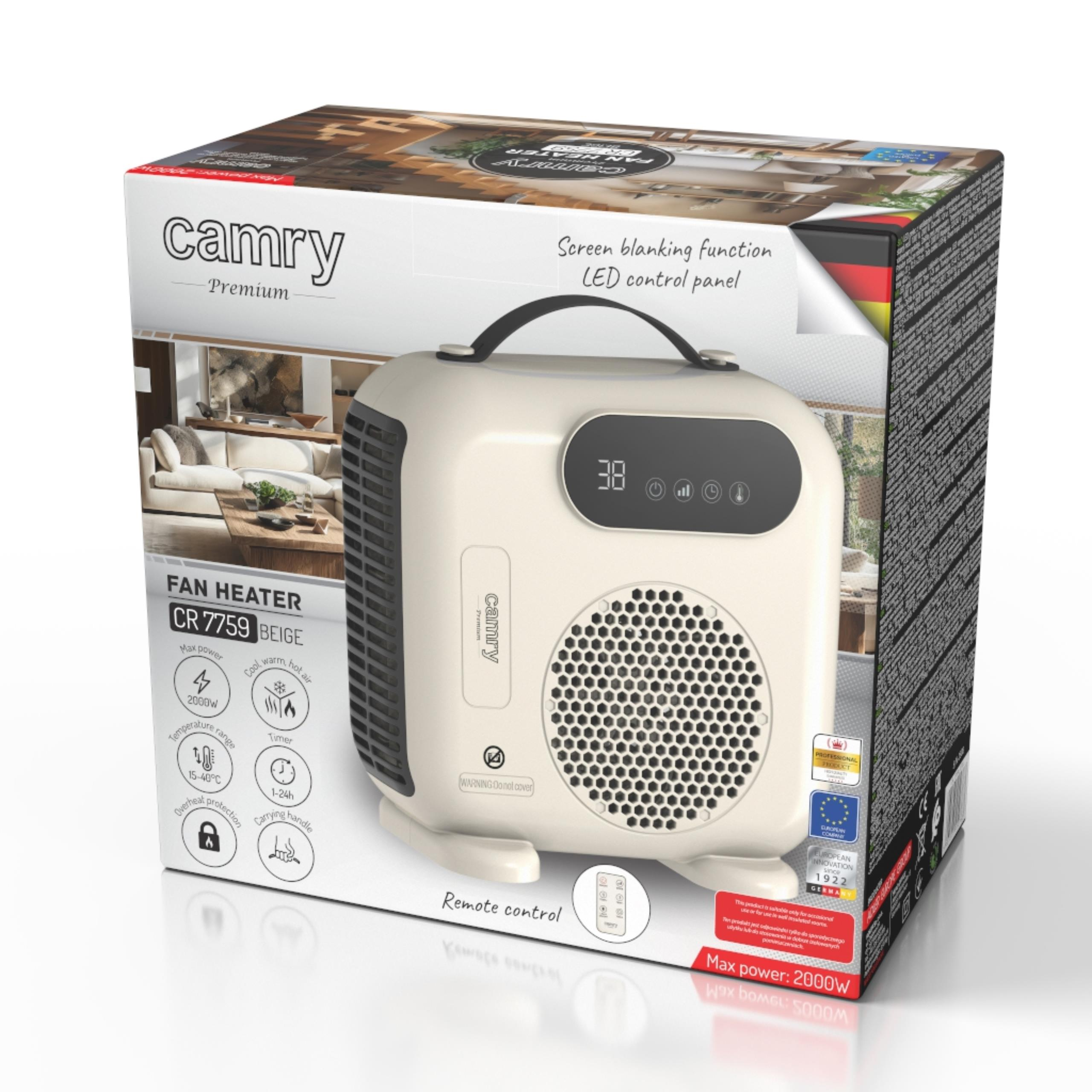 Beige farbener Camry Heizlüfter mit LED-Bedienfeld auf seiner Produktverpackung.