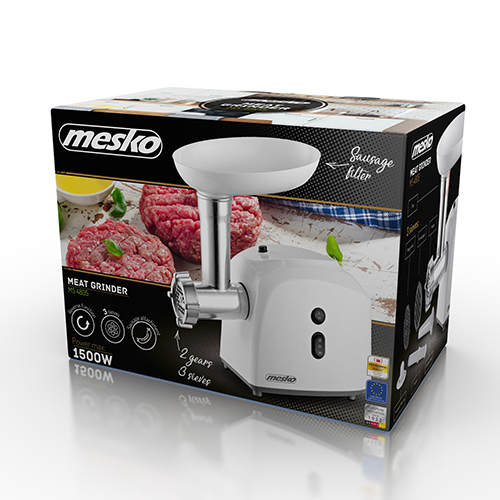 Pudełko maszynki do mięsa Mesko z białym urządzeniem, surowymi burgerami i mocą 1500W.