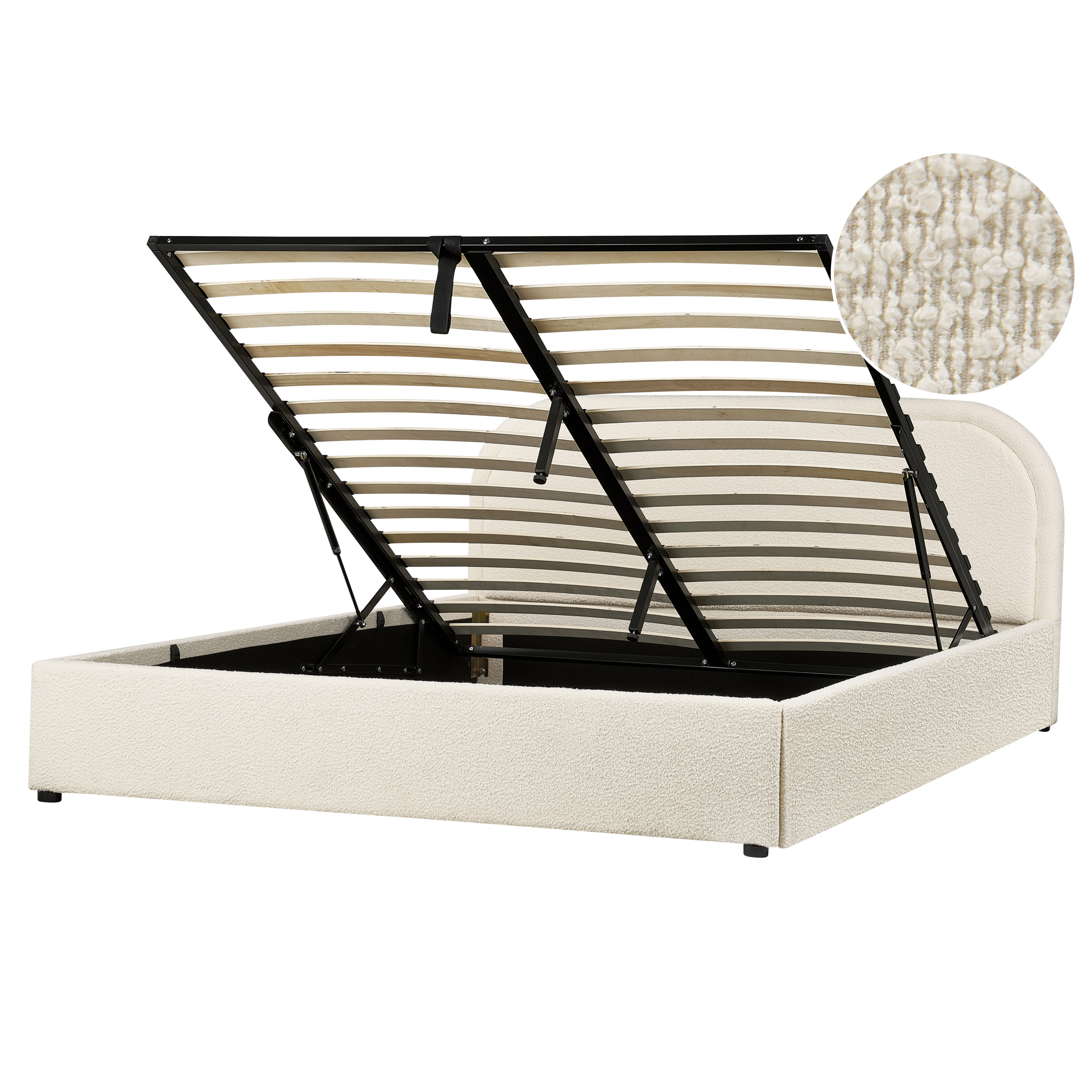 Letto imbottito beige con rete a doghe aperta e vano portaoggetti, dettaglio del tessuto in alto.