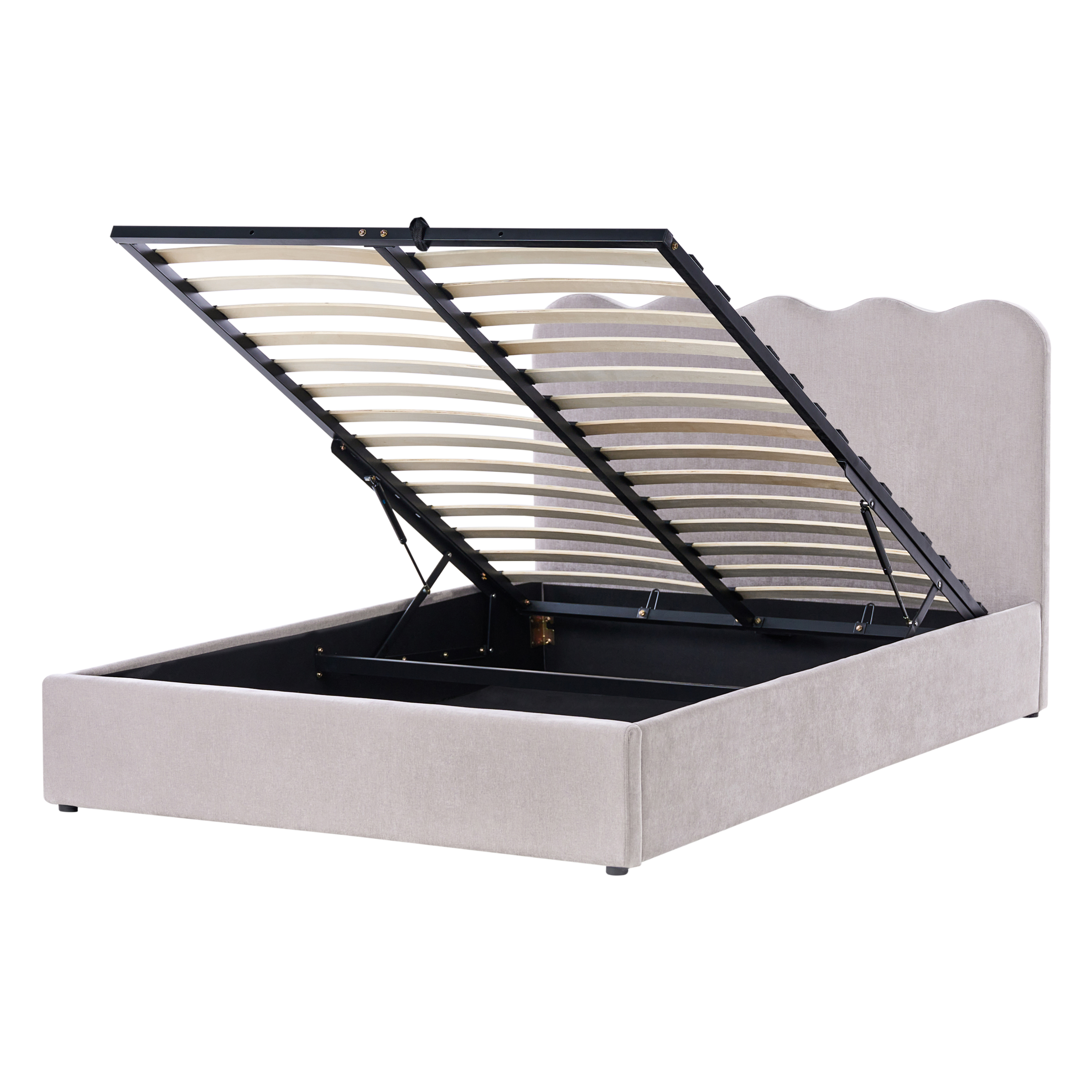 Letto imbottito beige con rete a doghe aperta e vano portaoggetti.