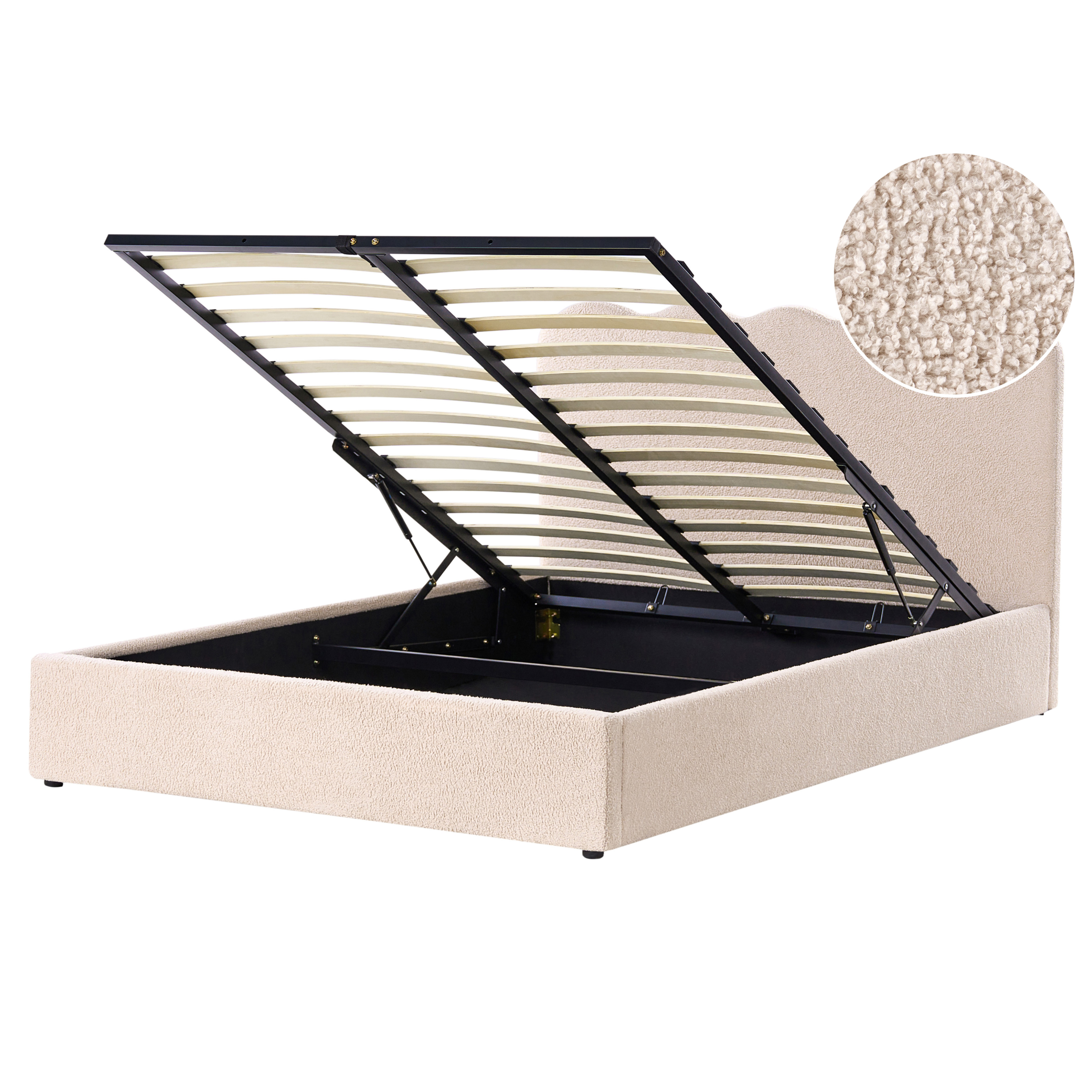 Letto contenitore imbottito beige con rete a doghe sollevata e dettaglio circolare del tessuto bouclé.