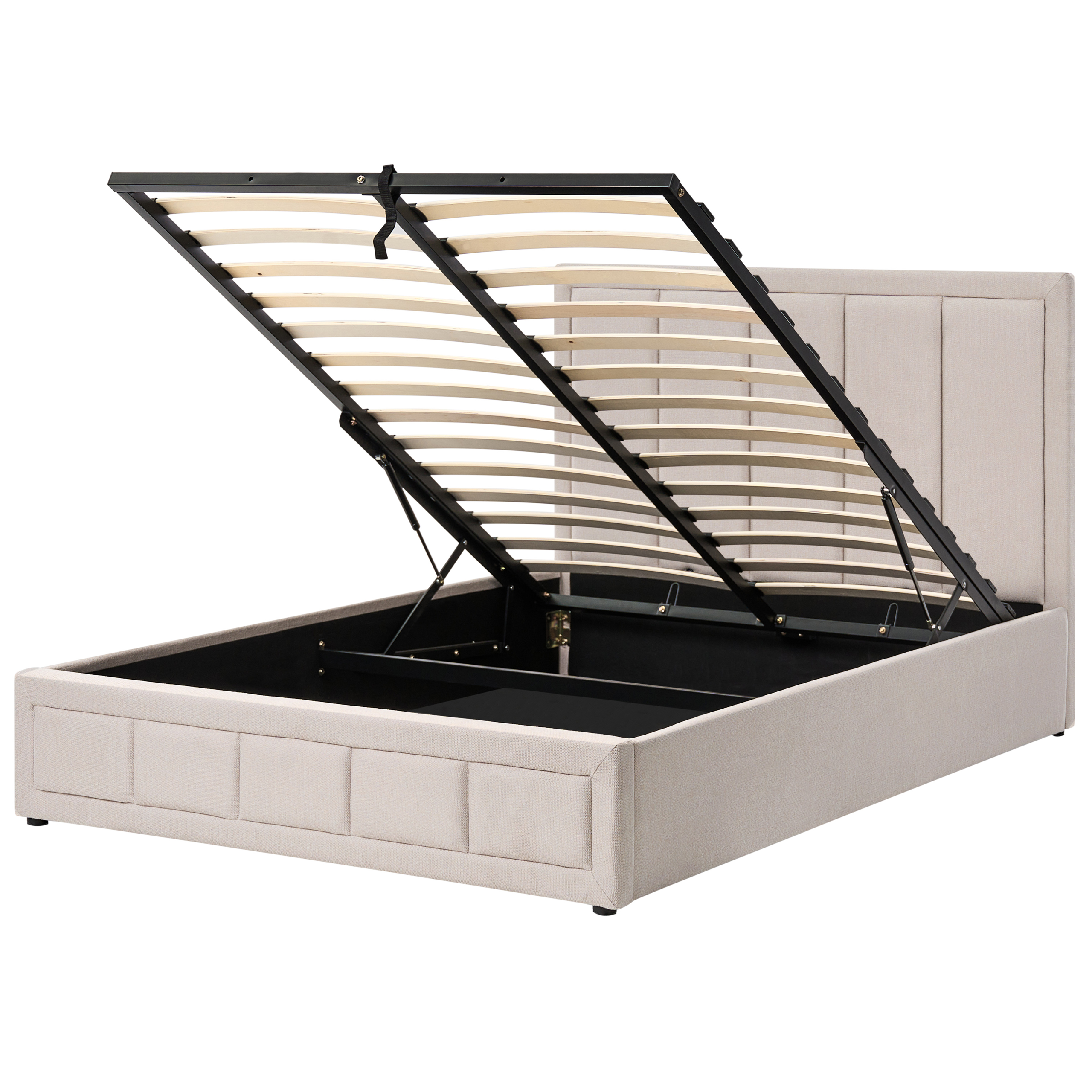 Letto imbottito beige con rete a doghe sollevata e vano portaoggetti.