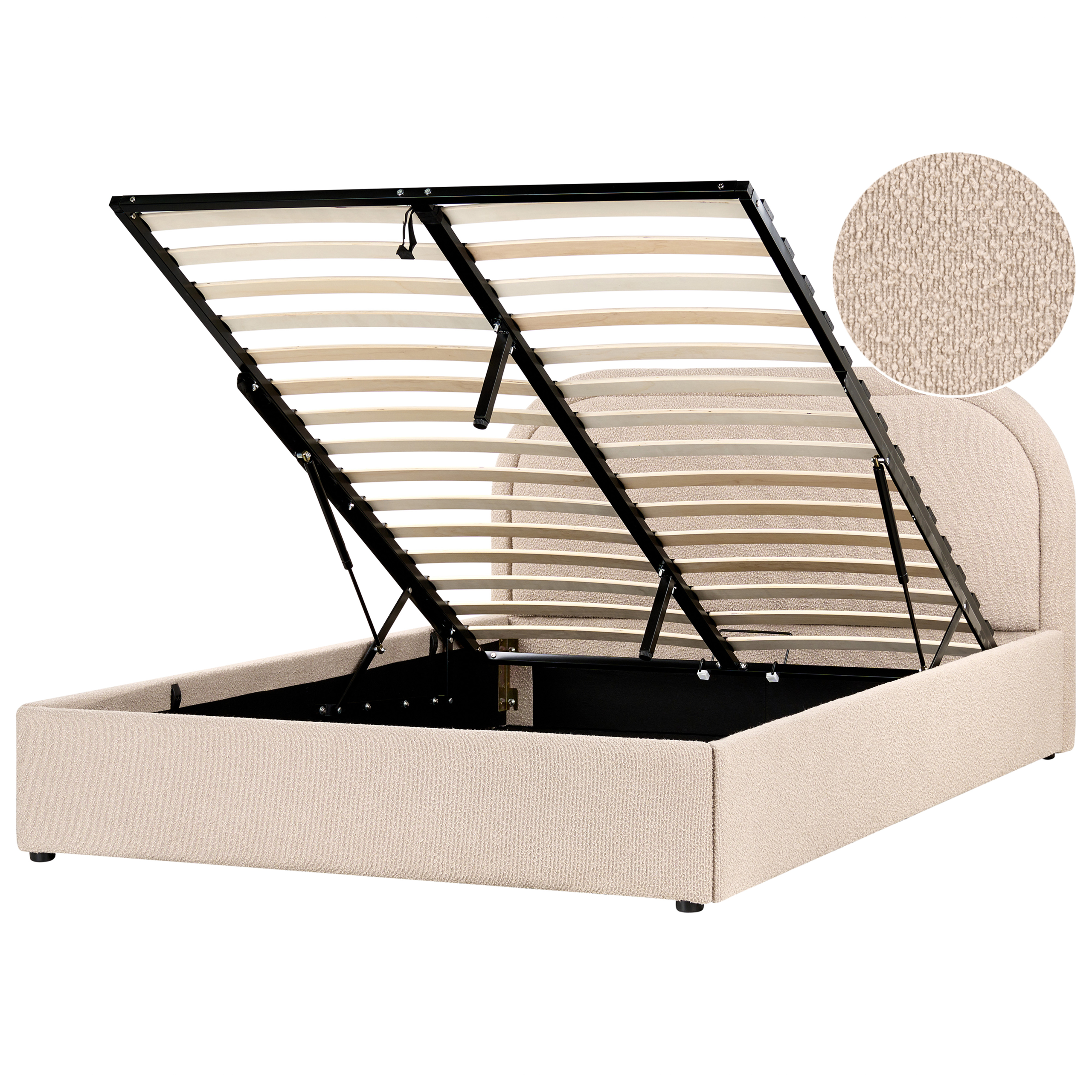 Letto in tessuto beige con rete sollevabile e contenitore, con dettaglio zoom in.
