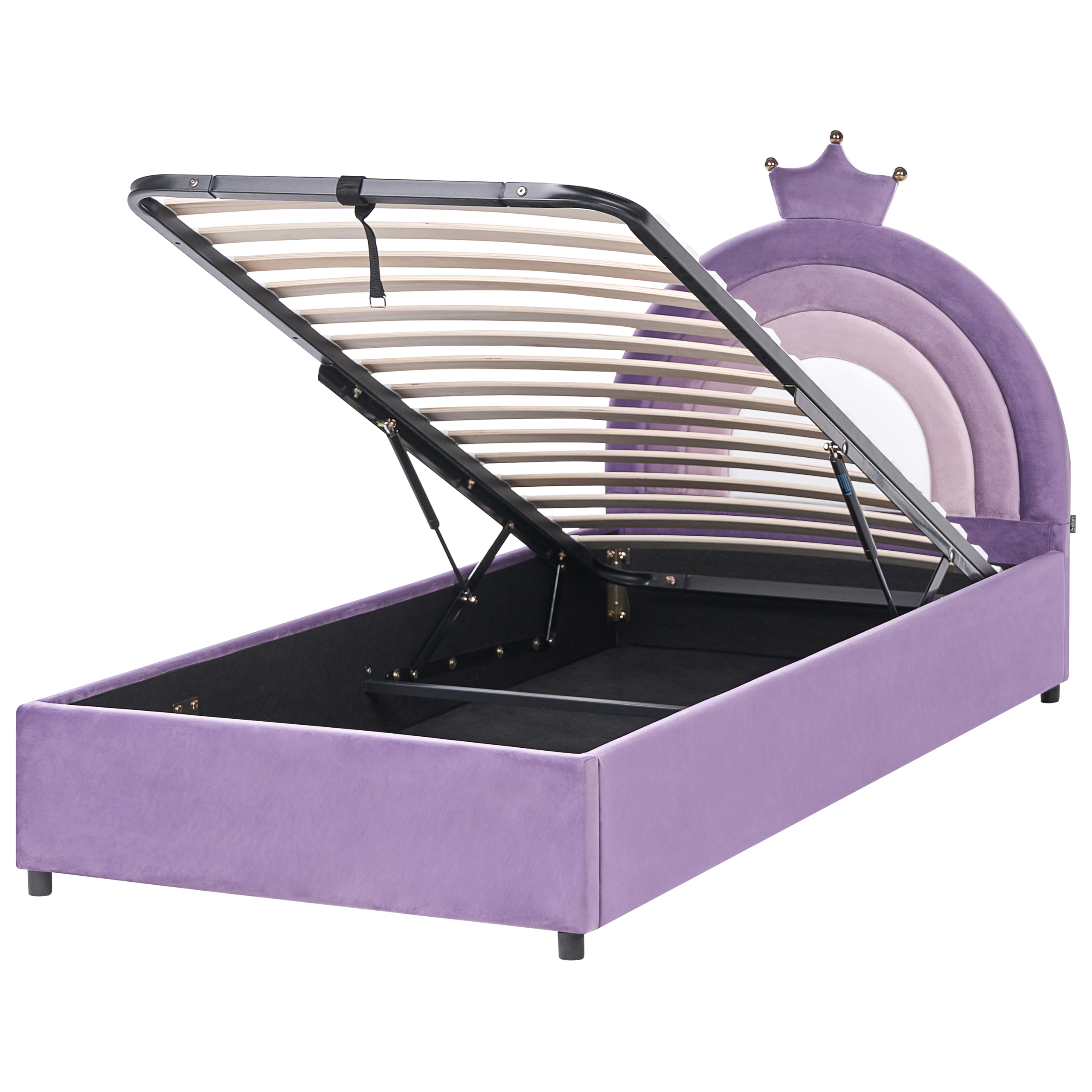 Letto in velluto viola con rete a doghe aperta e testiera a corona.