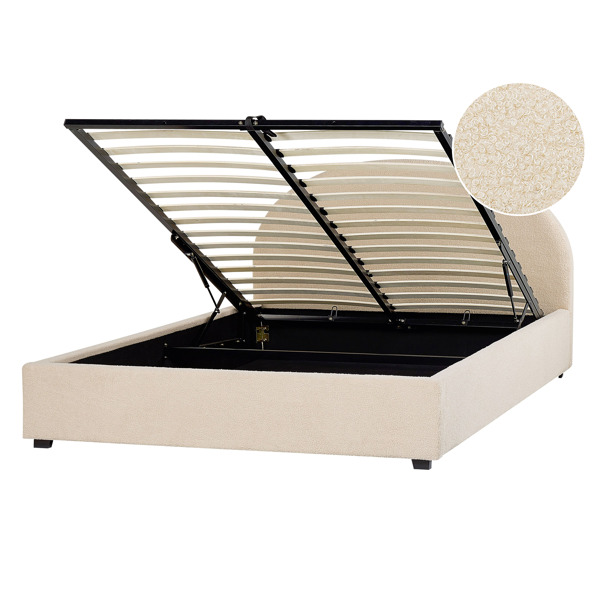 Letto imbottito beige con rete aperta e vano portaoggetti, con primo piano del tessuto.