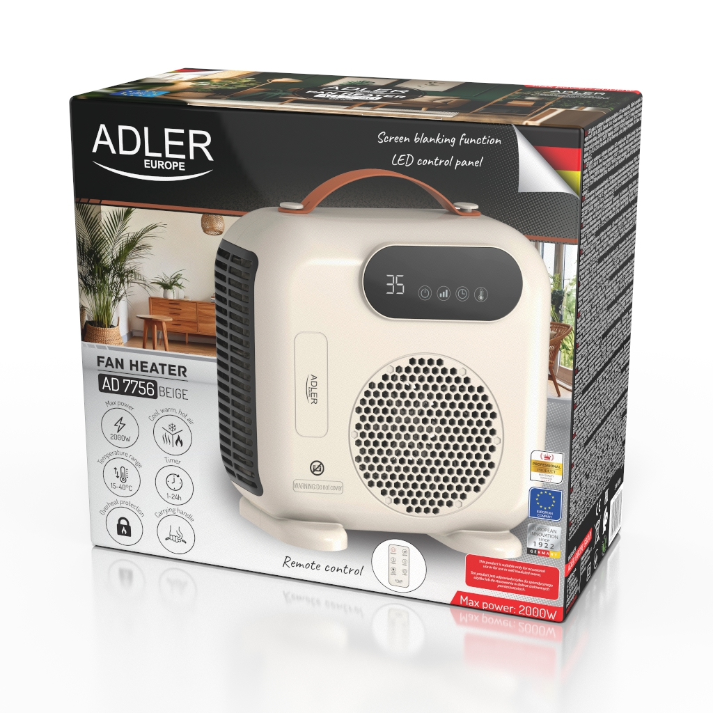 Beigefarbener Adler Fan Heater AD 7756 in seiner Verkaufsverpackung mit LED-Anzeige.