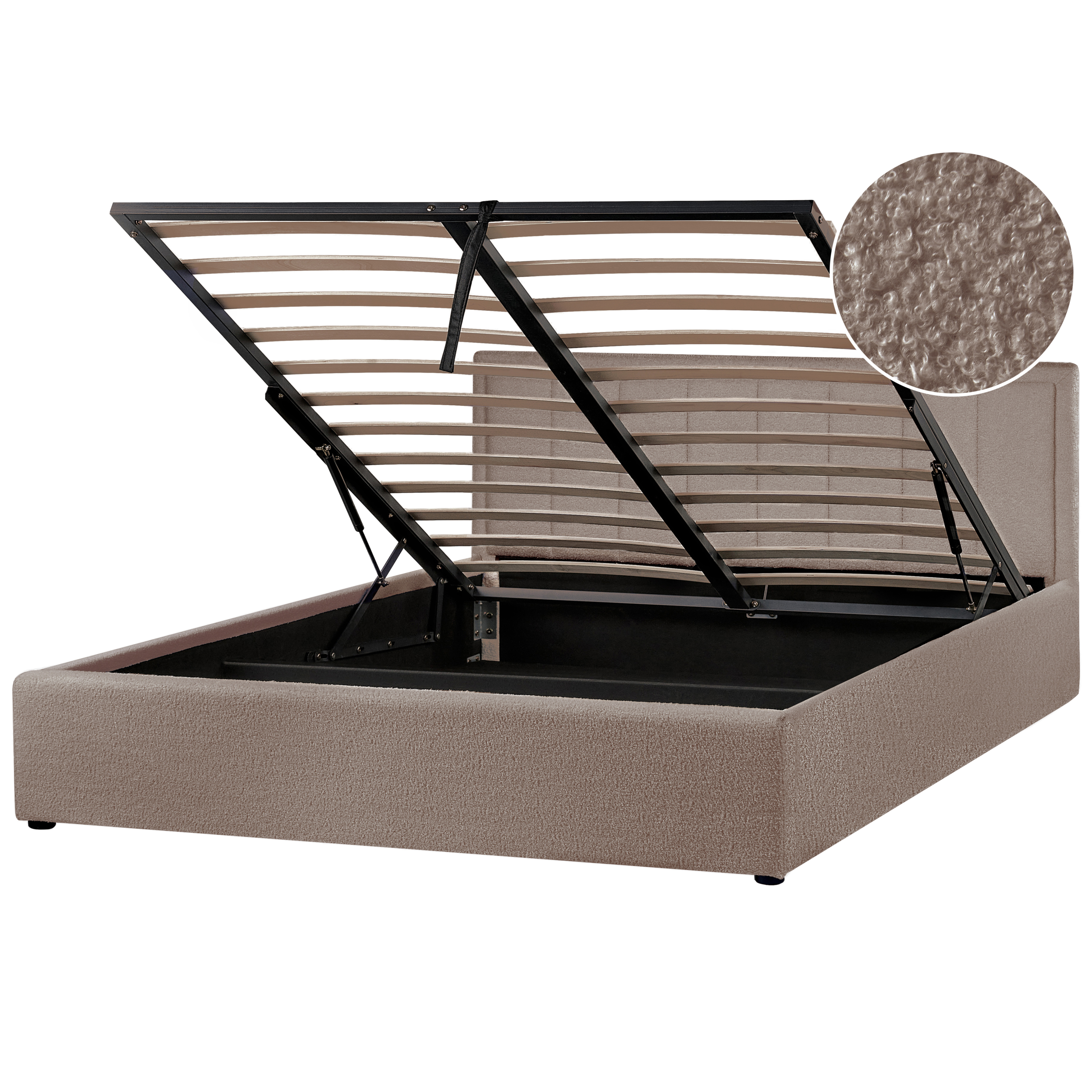 Letto imbottito beige con rete a doghe sollevata e vano portaoggetti, dettaglio tessuto.
