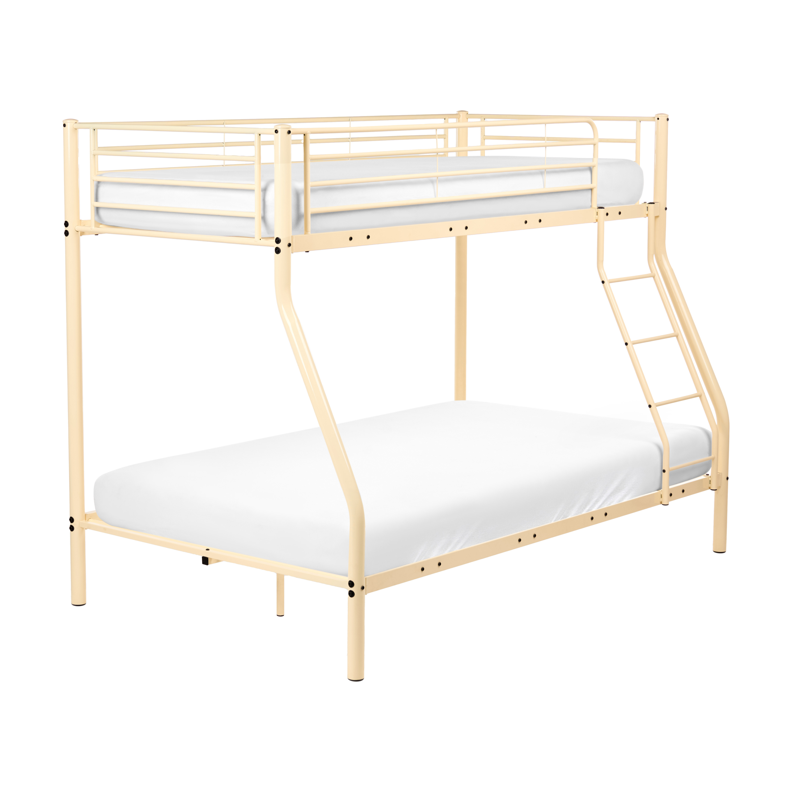 Letto a castello in metallo beige con materassi bianchi e scaletta su sfondo bianco.