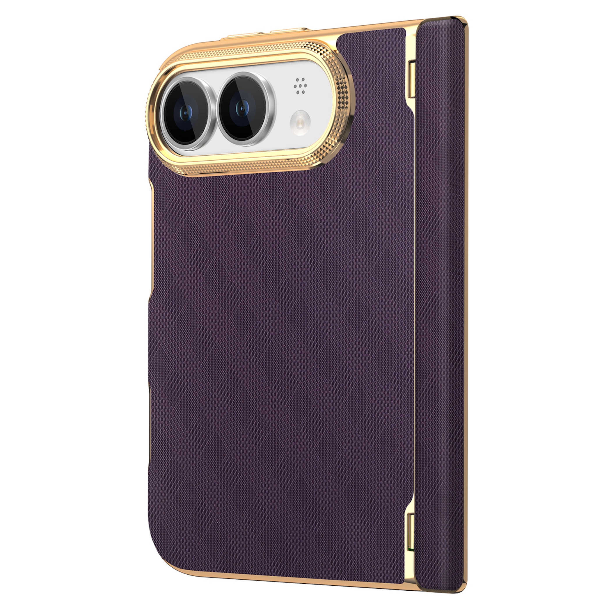 Ein faltbares Smartphone mit lilafarbenem Stoffetui und goldenem Rahmen, mit zwei Kameras.