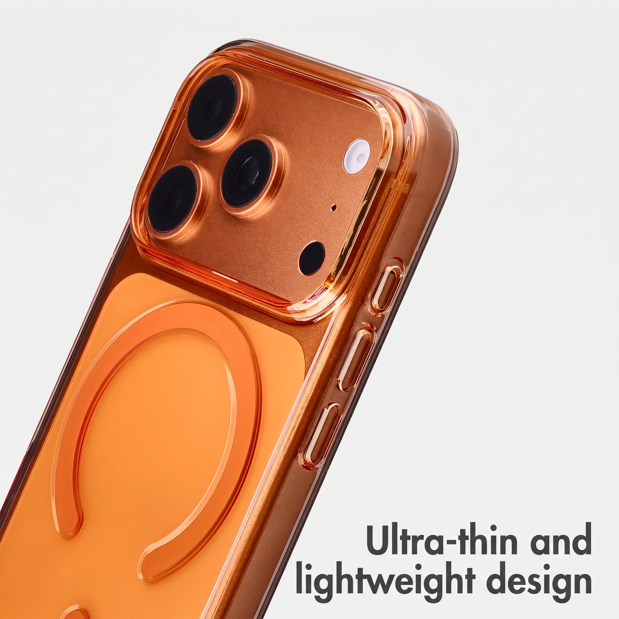 Ein glänzendes, orangefarbenes Smartphone mit Schutzhülle und MagSafe-Ring vor weißem Hintergrund.
