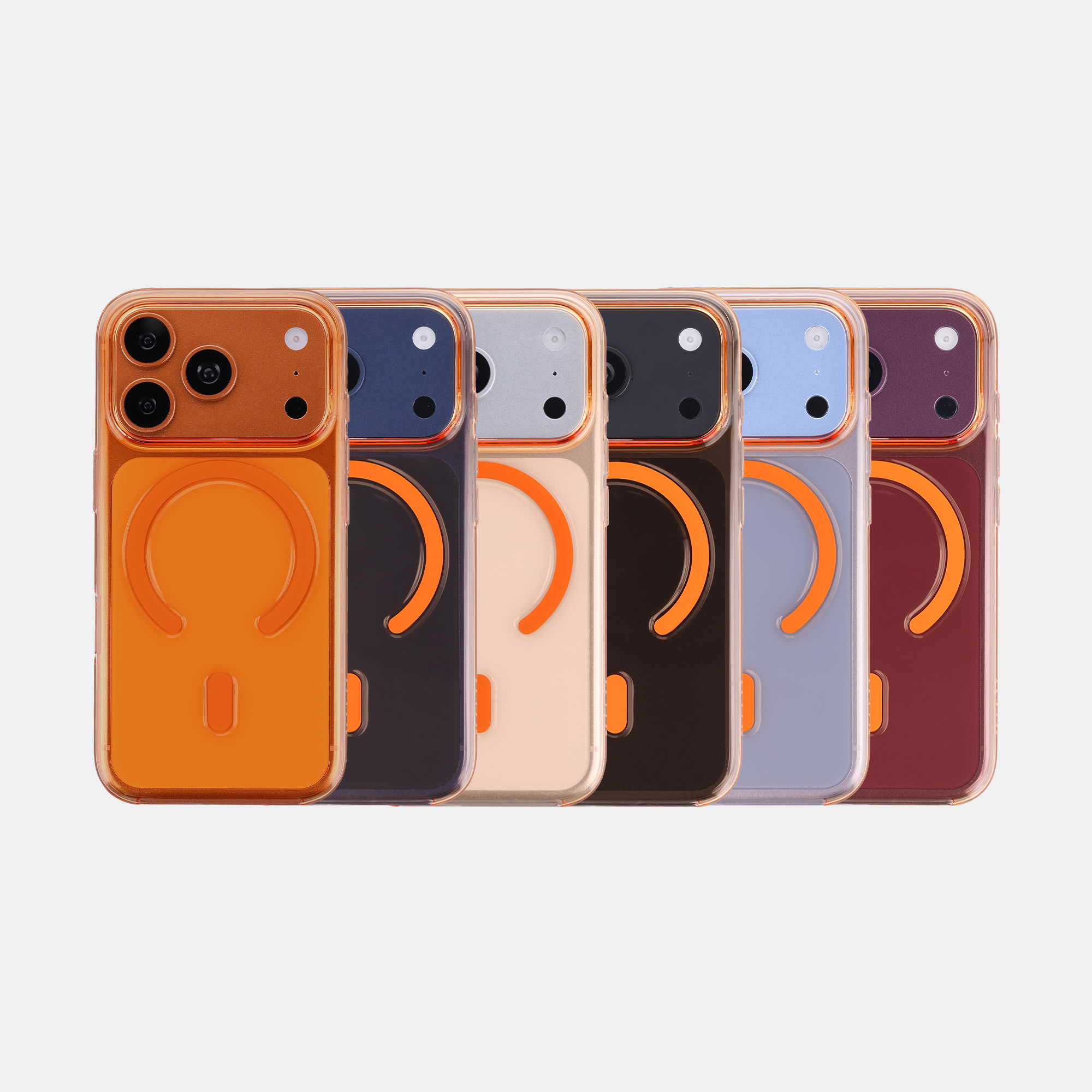 Sechs Smartphones mit farbigen Hüllen und orangenen runden Halterungen stehen nebeneinander vor weißem Hintergrund.