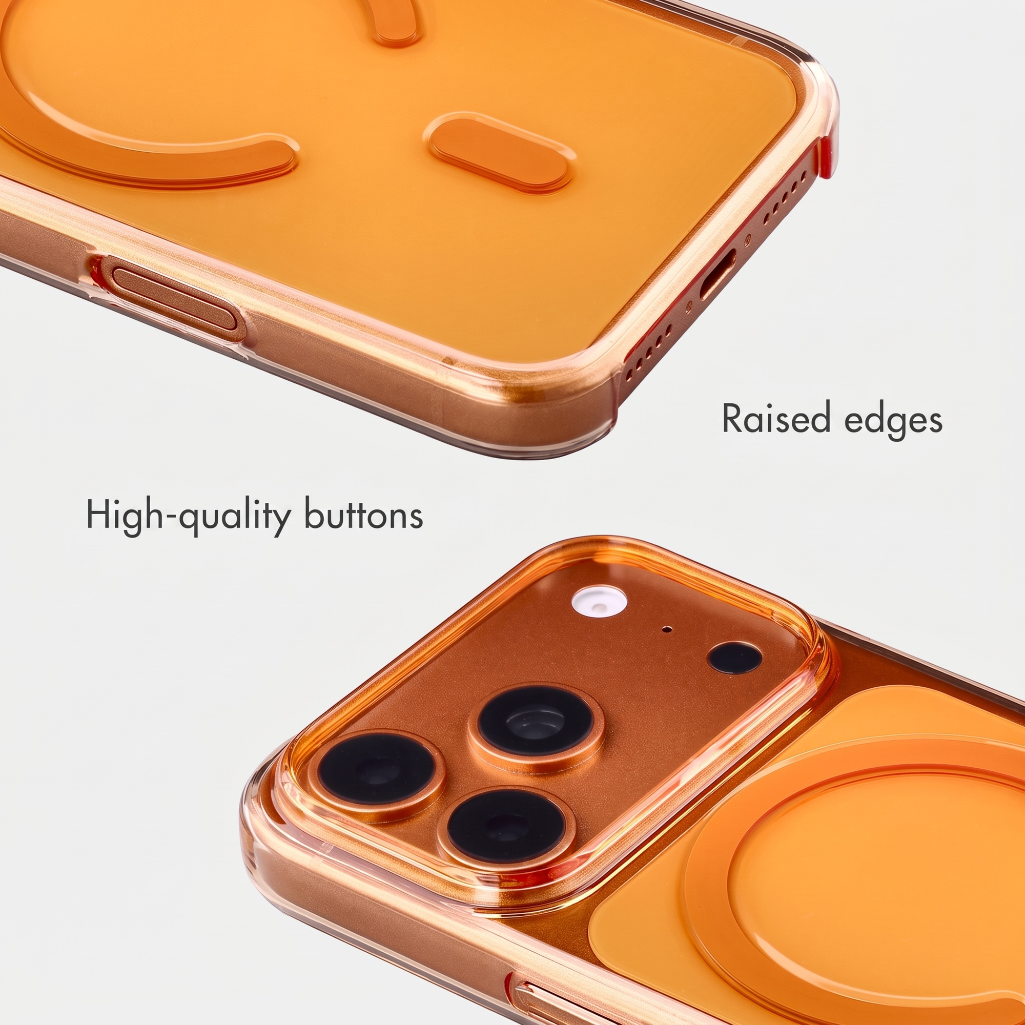 Nahaufnahme einer orangen Handyhülle mit erhöhten Kanten und hochwertigen Tasten.