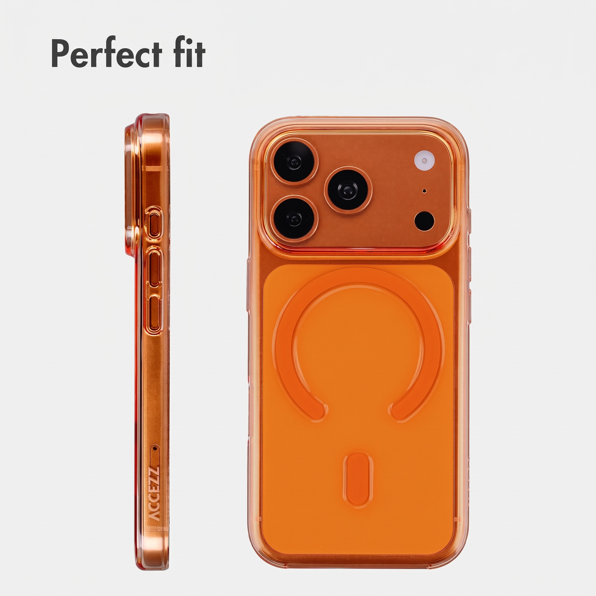 Oranger Smartphone-Hülle in Seiten- und Rückansicht mit Kameramodul.