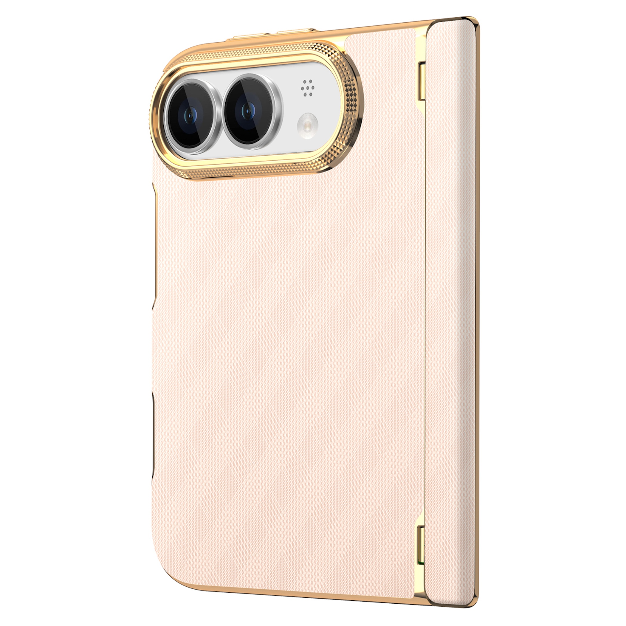 Ein rosafarbener Falttelefon-Case mit goldenem Rand und horizontalem Kameramodul.