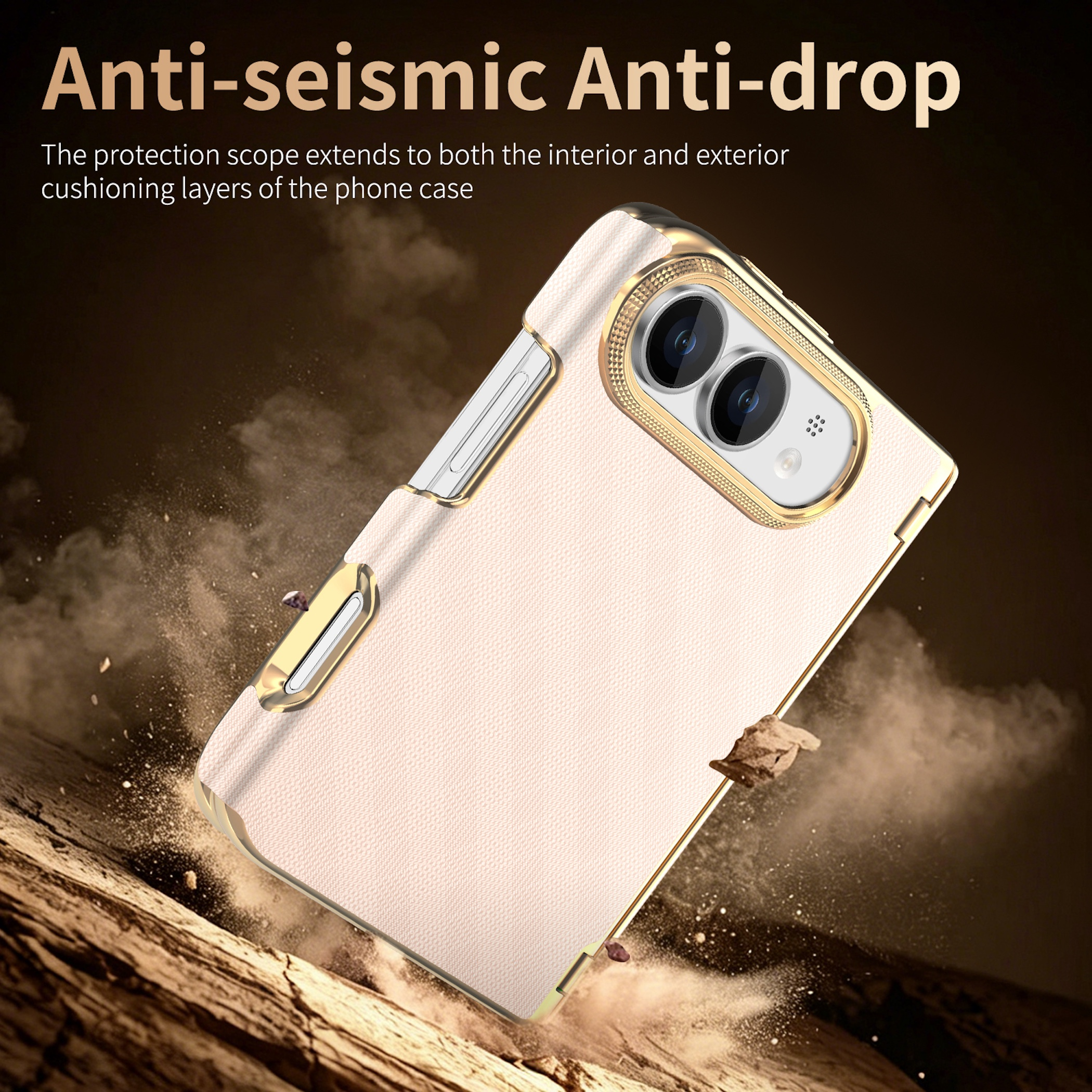 Stilvolle beige und goldene Schutzhülle für ein Falttelefon mit doppelten Kameras, dargestellt mit Staubeffekten.