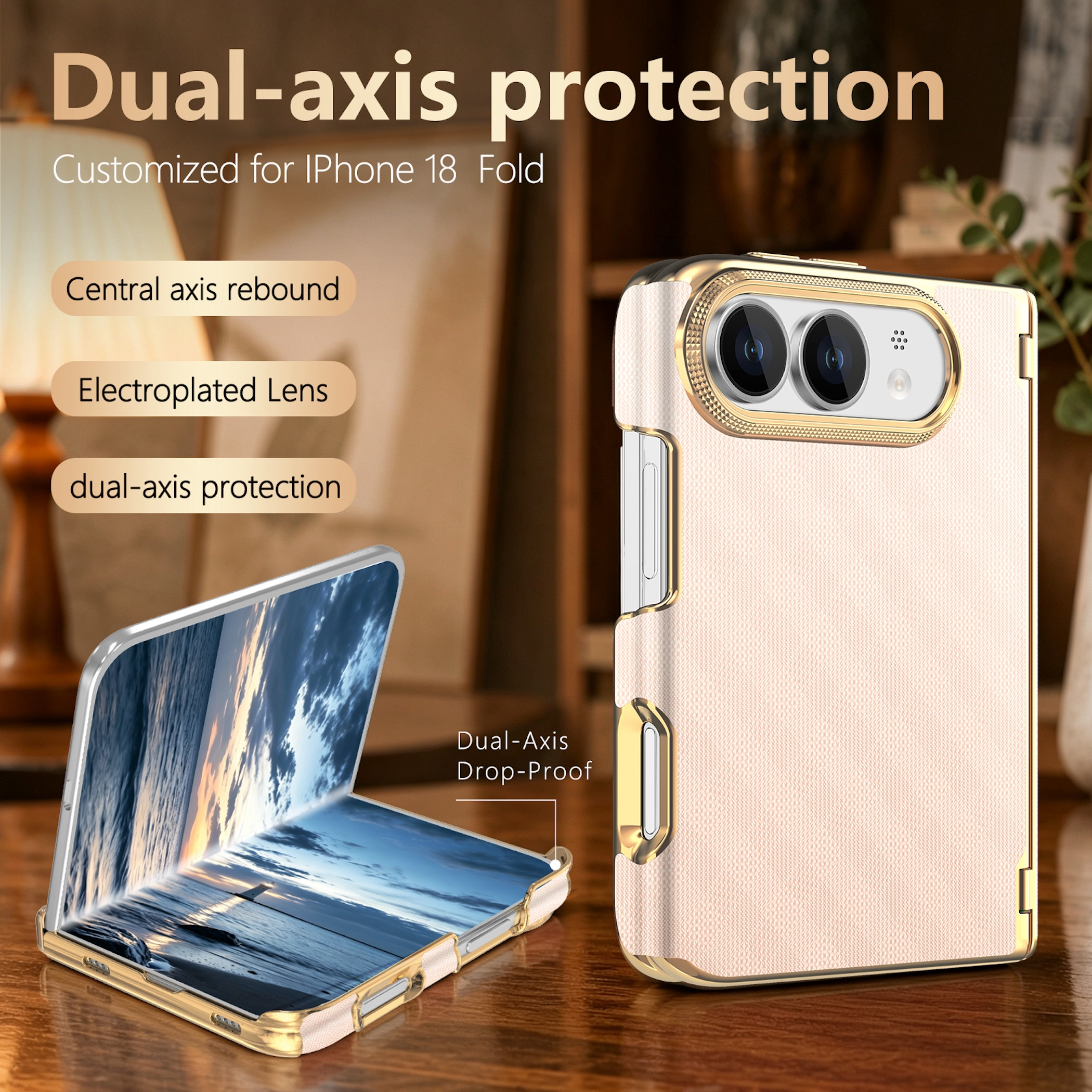 Ein faltbares roségoldenes Smartphone in einer Schutzhülle steht auf einem Tisch mit Text und Pfeilen als Hinweis.
