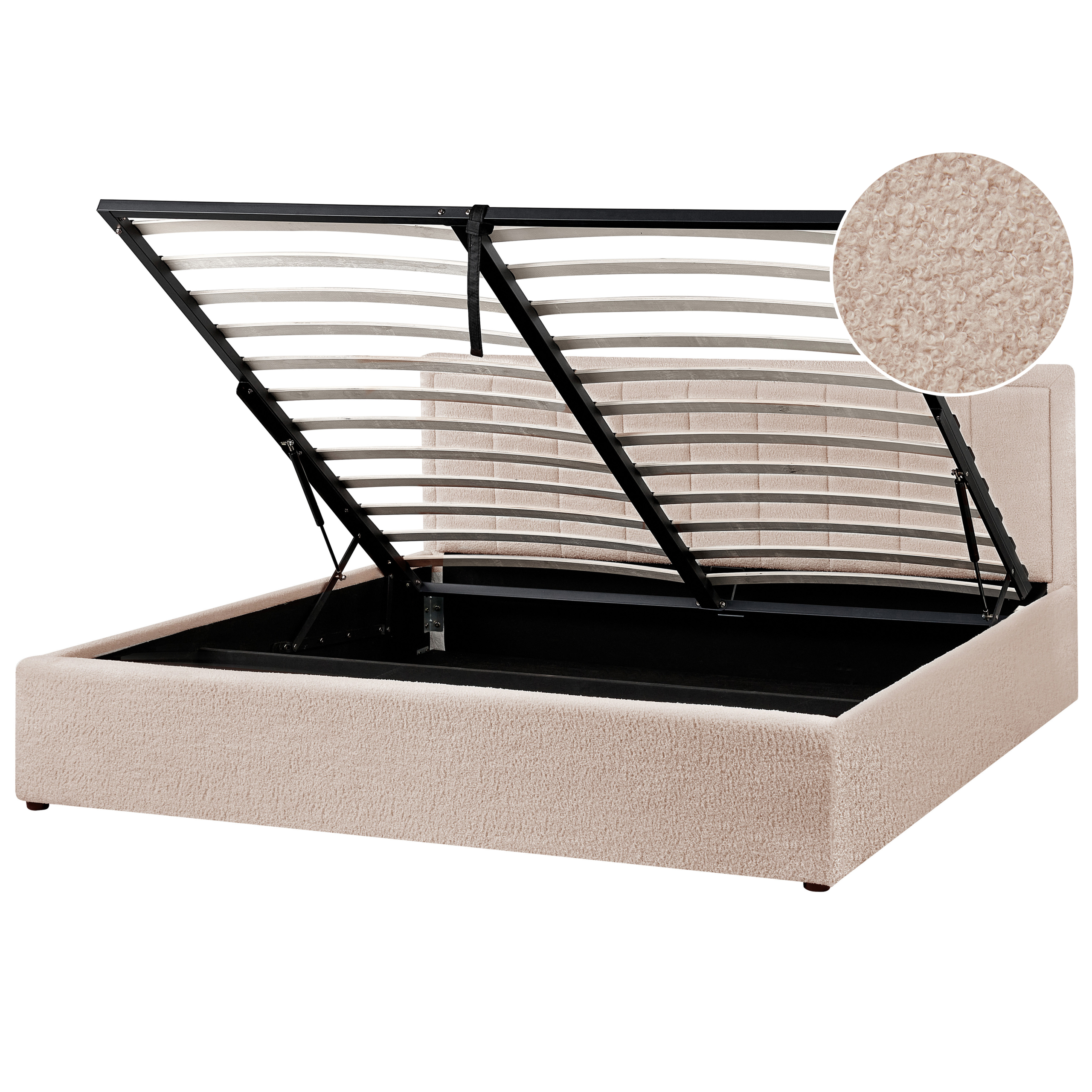 Letto contenitore in tessuto beige con rete sollevata e cerchio con dettaglio tessuto.