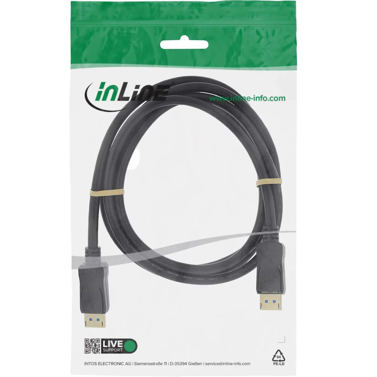 Ein schwarzes USB-Kabel in einer InLine-Verpackung mit grünem oberen Rand und Hängeöse.