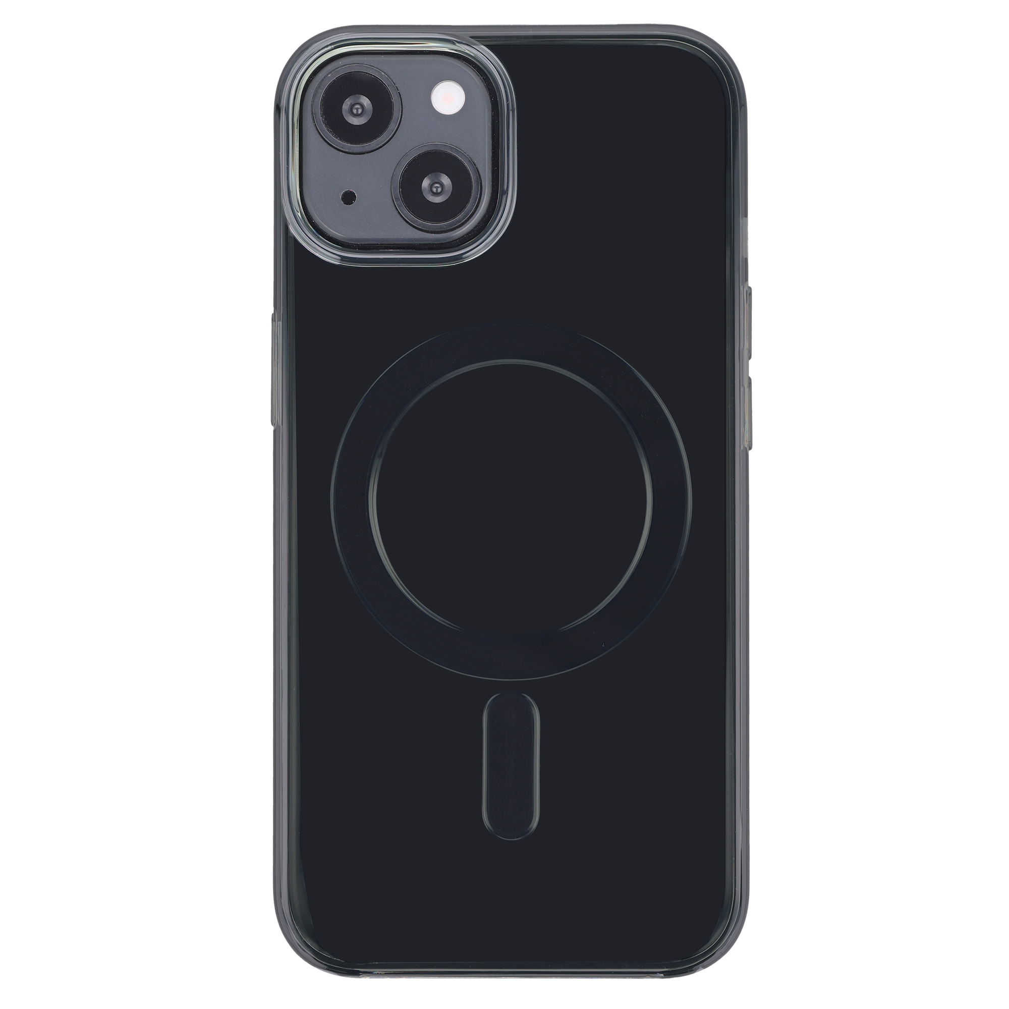 Transparente Smartphone-Hülle mit MagSafe-Ring und Kameraaussparung auf weißem Hintergrund.