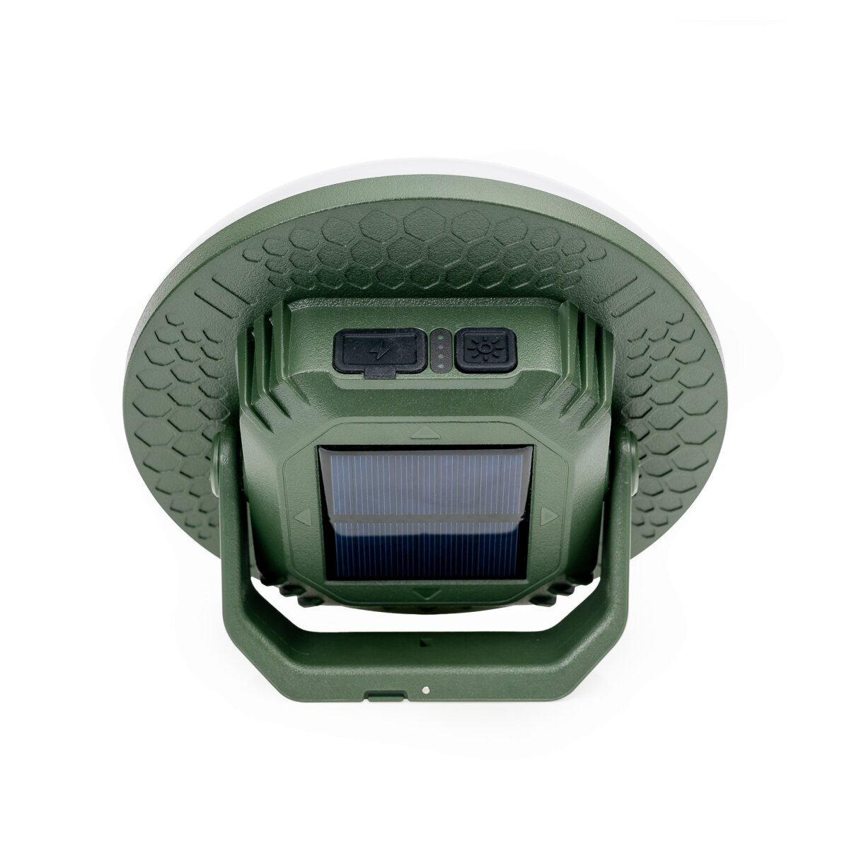 Grüne tragbare LED-Lampe mit integriertem Solarpanel und Knöpfen auf weißem Hintergrund.