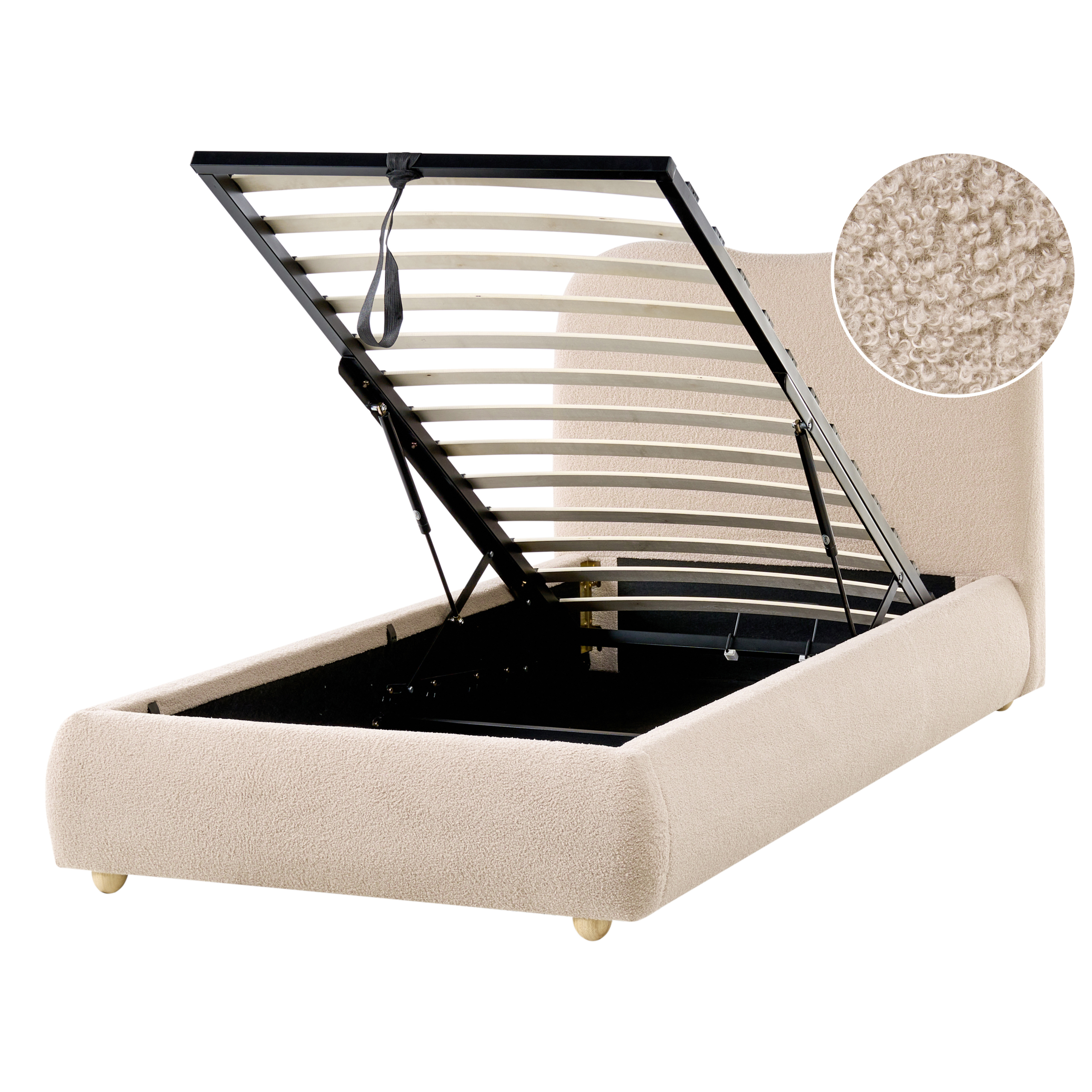 Letto imbottito beige con rete a doghe sollevata e contenitore, dettaglio tessuto teddy.