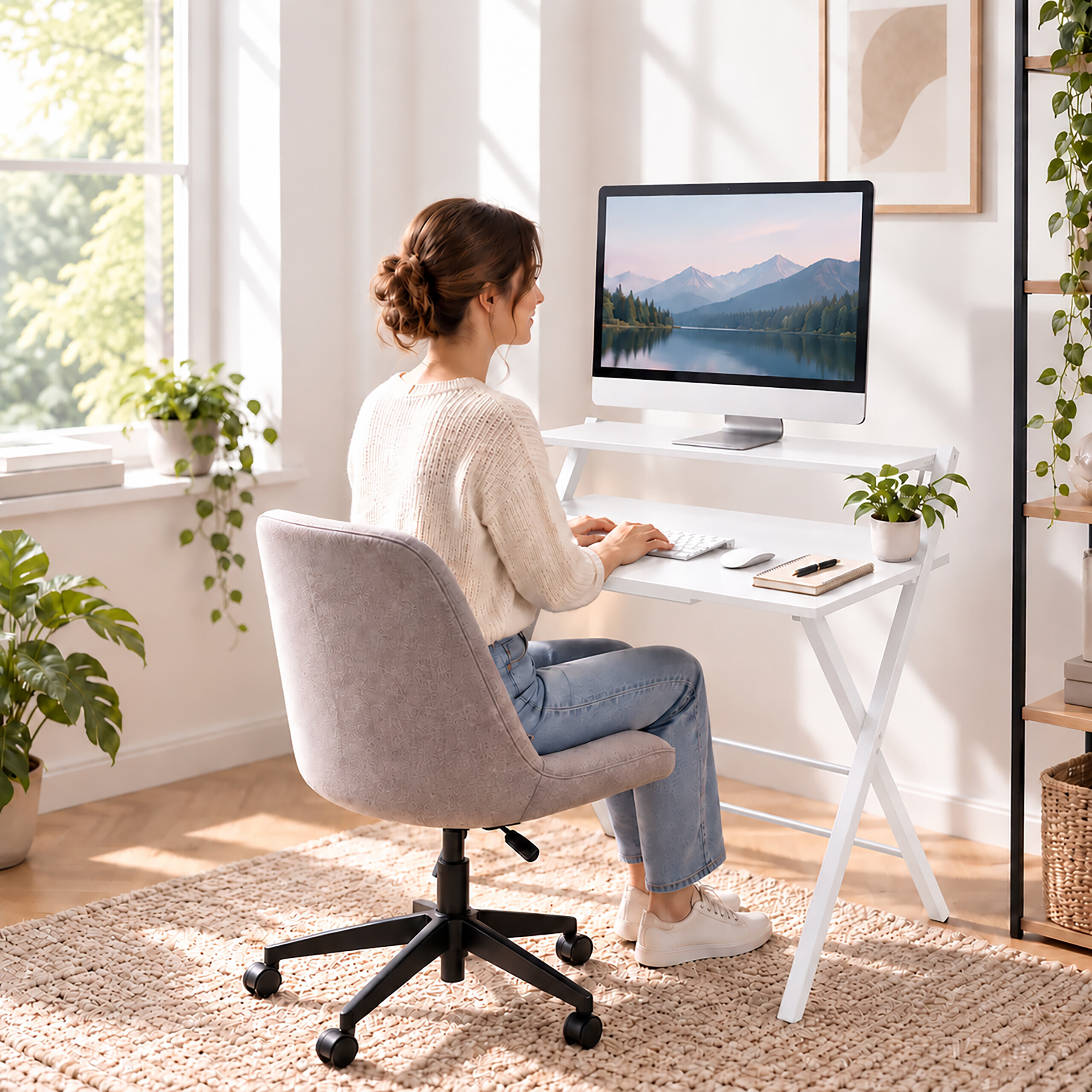 Eine Frau arbeitet an einem weißen Schreibtisch mit Computer und sitzt in einem hellen, pflanzengefüllten Zimmer.
