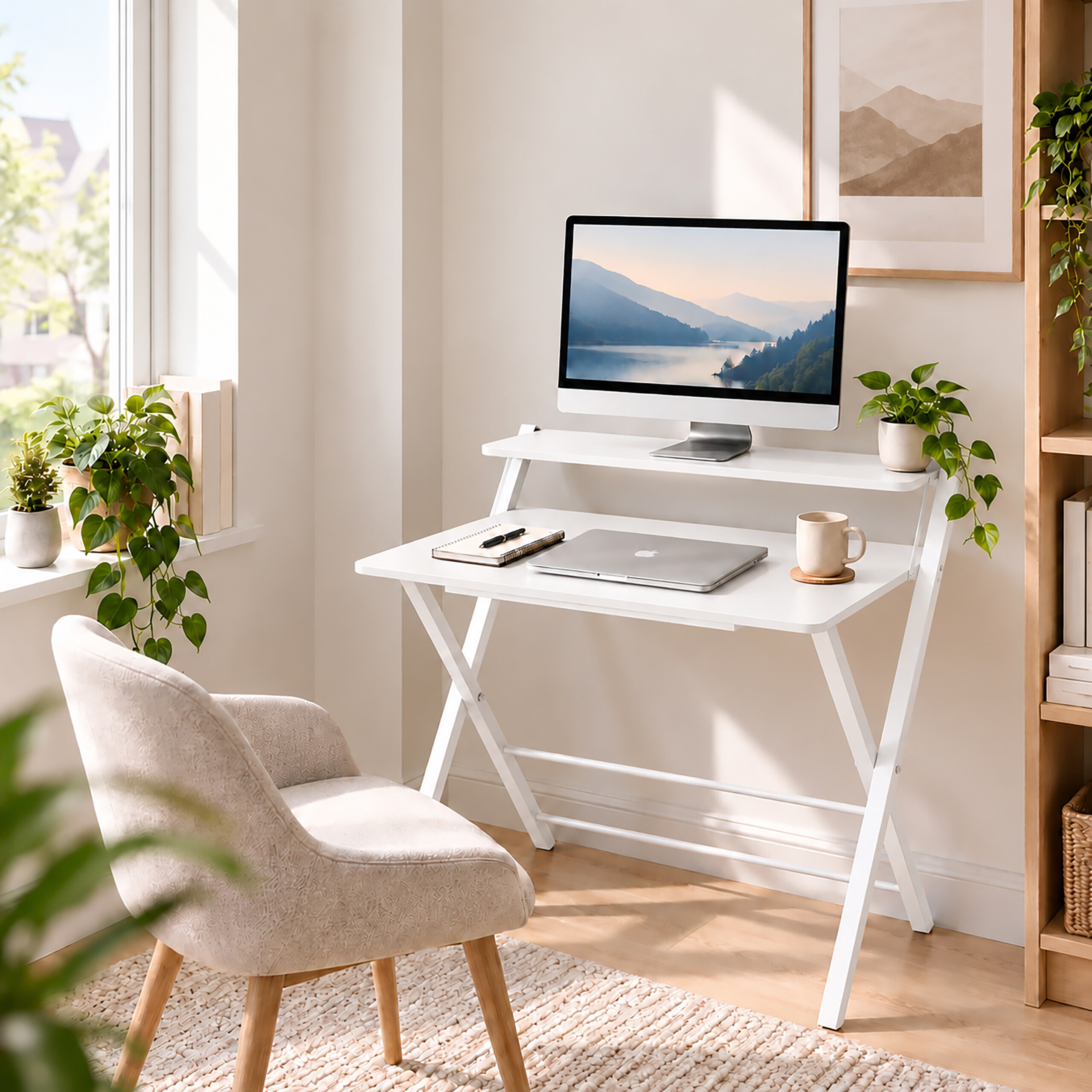 Ein weißer Schreibtisch mit Monitor, Laptop und Pflanzen in einem hellen Zimmer mit einem Stuhl.