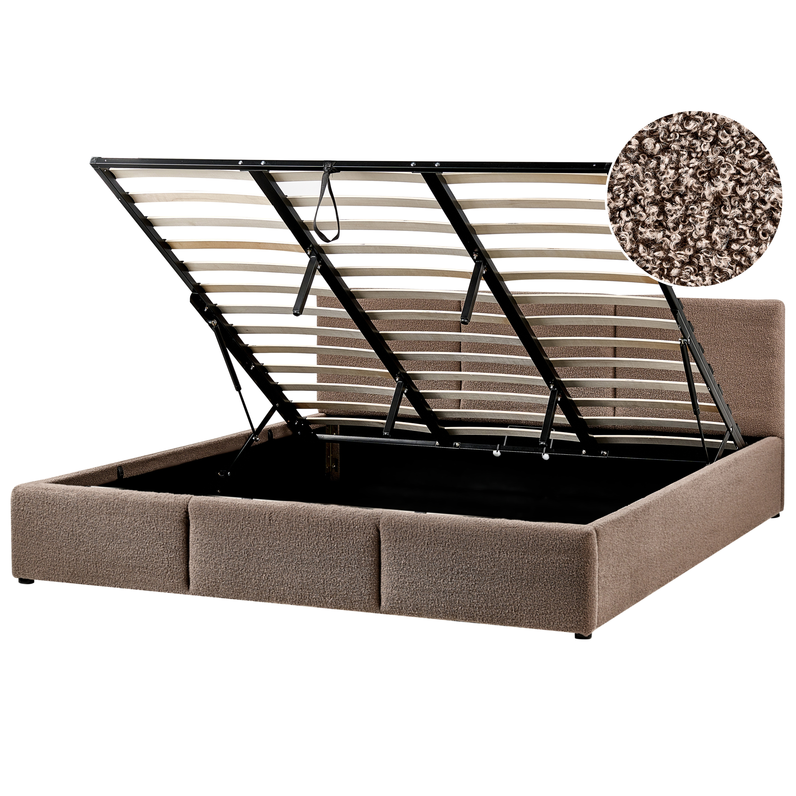 Letto in tessuto marrone con rete sollevata e vano contenitore aperto, con dettaglio circolare del tessuto.