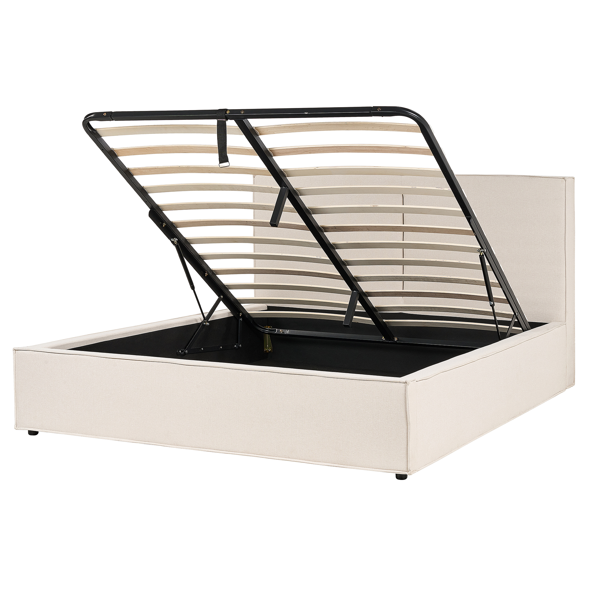 Letto imbottito beige con rete a doghe sollevata che rivela un vano portaoggetti.