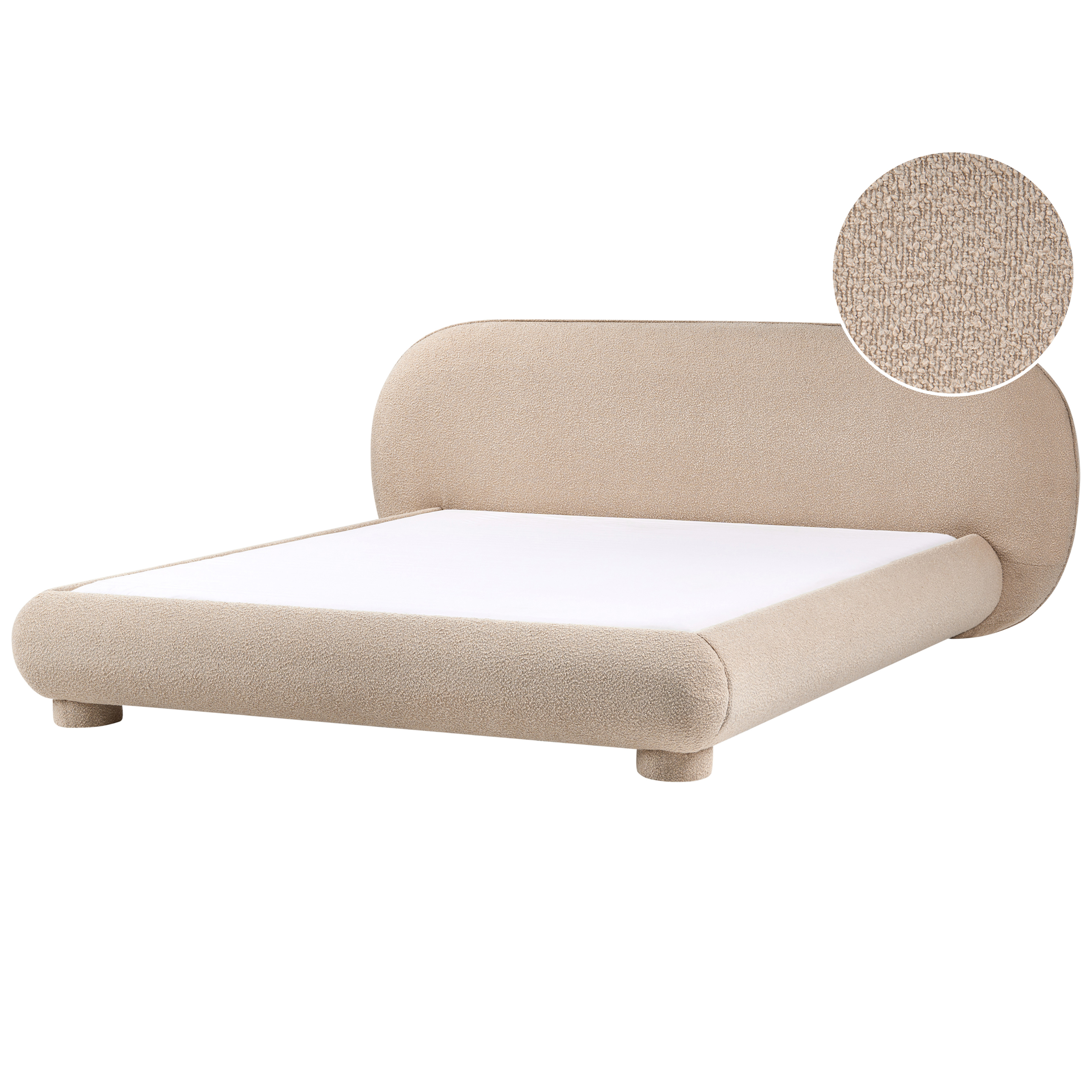 Letto imbottito beige con testiera curva e vista di dettaglio del tessuto.