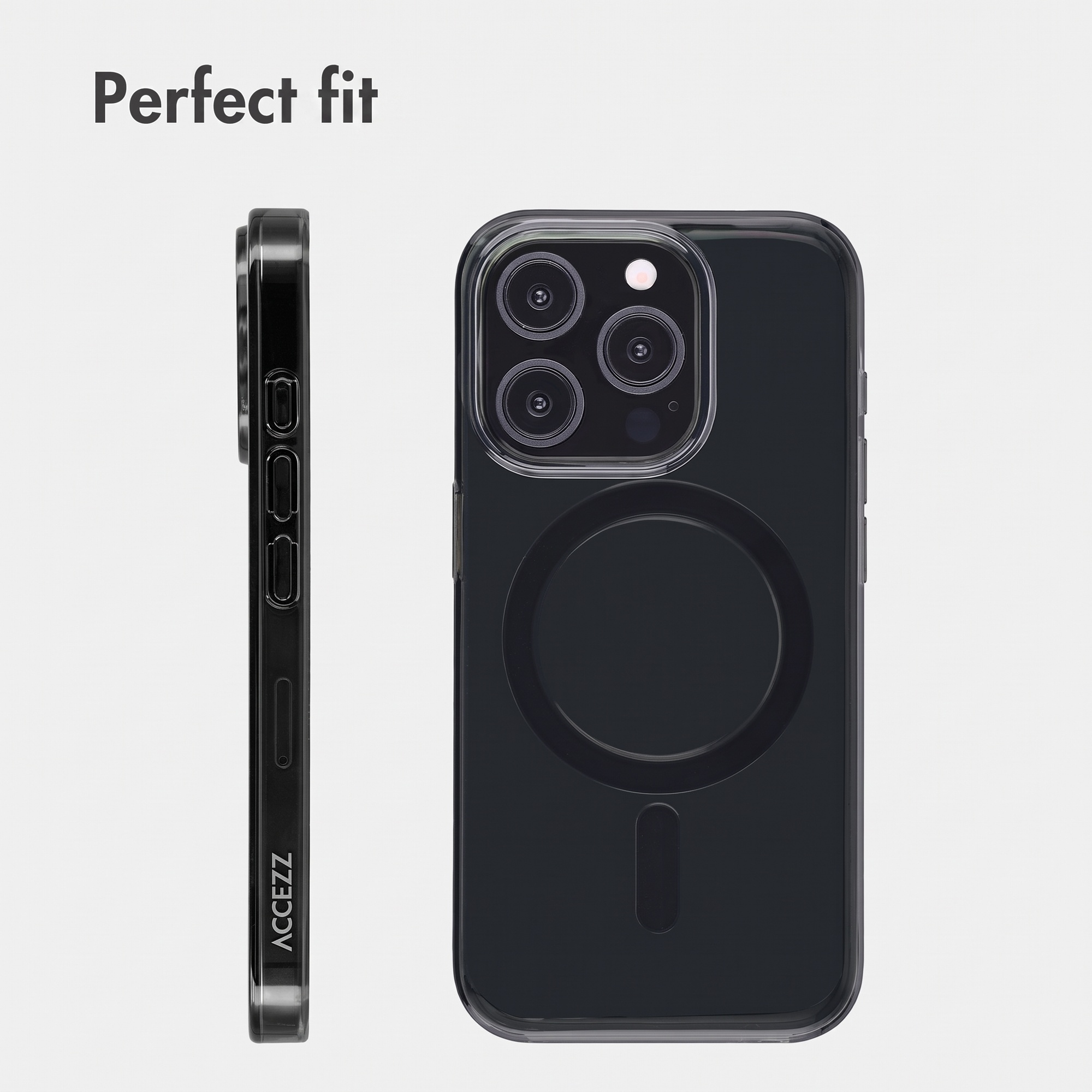 Ein Smartphone mit transparenter Schutzhülle von der Seite und Rückseite mit Kameras und MagSafe-Ring.