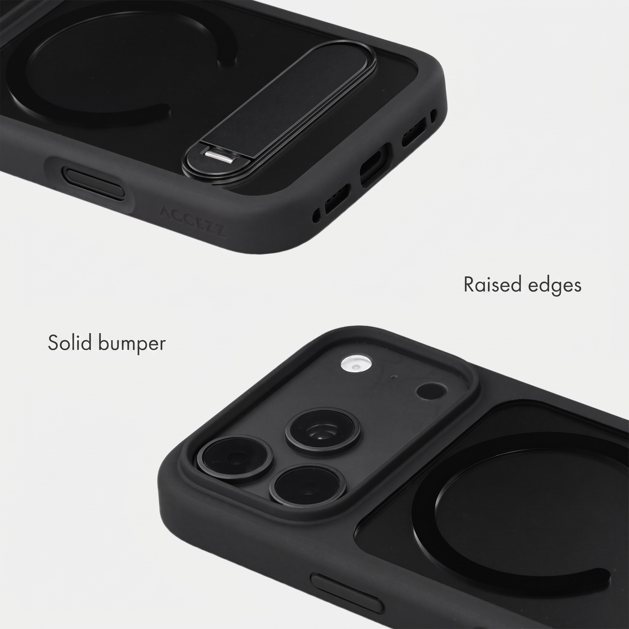 Gros plan d'une coque de téléphone noire sur fond blanc, montrant le pare-chocs et les bords.