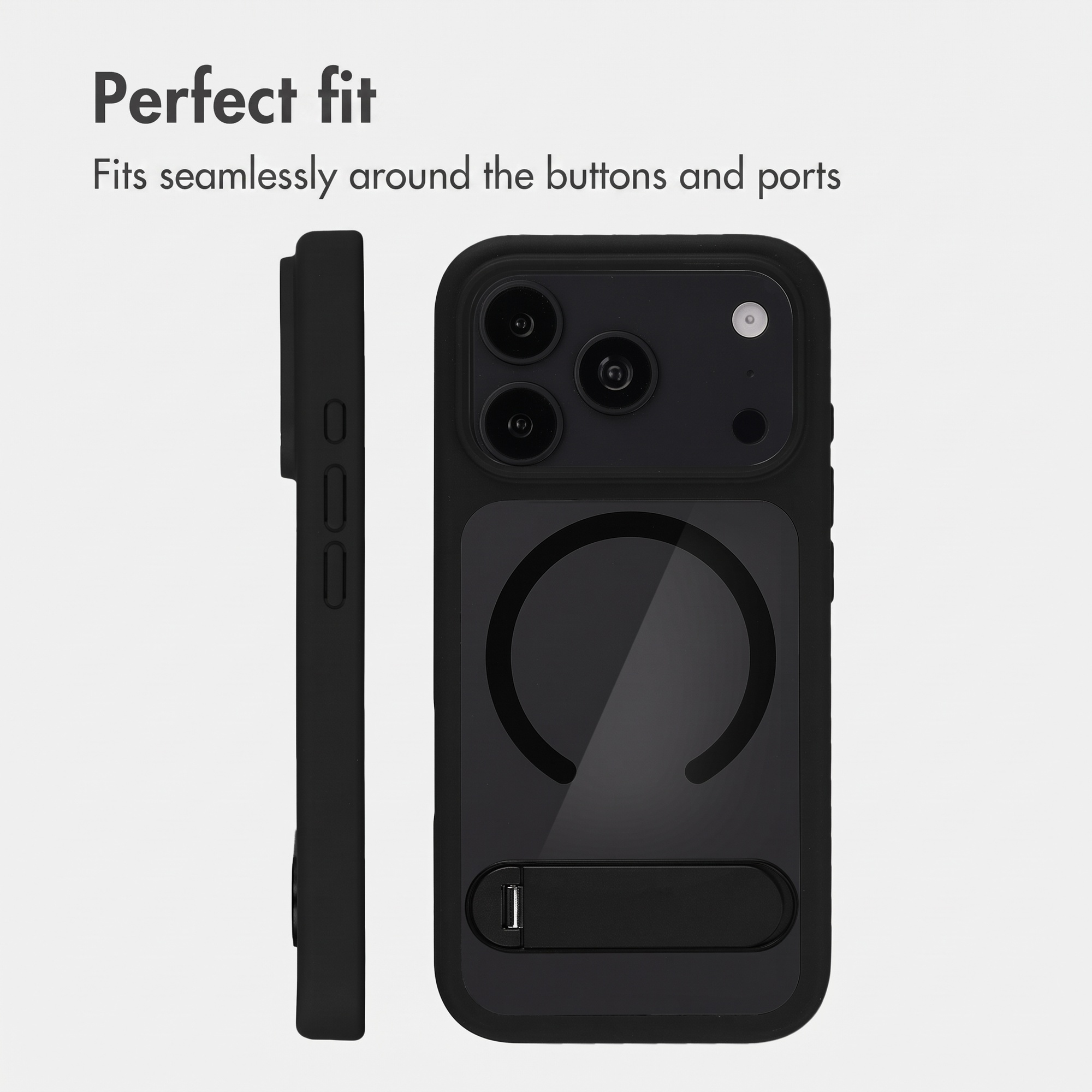 Coque de téléphone noire avec anneau MagSafe et béquille, vue de profil et de dos.